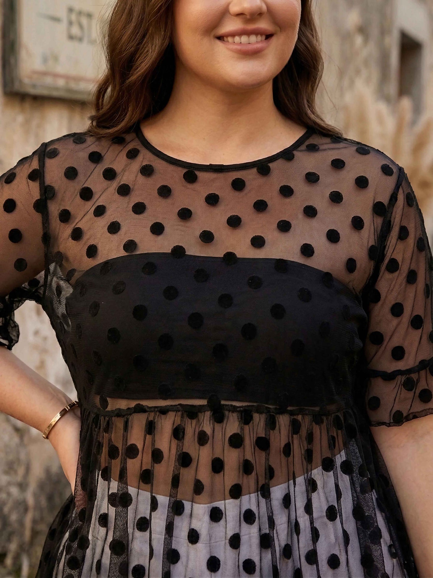 Plus Size Black Polka Dot Pattern Round Neck Bell Sleeve Jacquard Sheer Ruffled Peplum Top