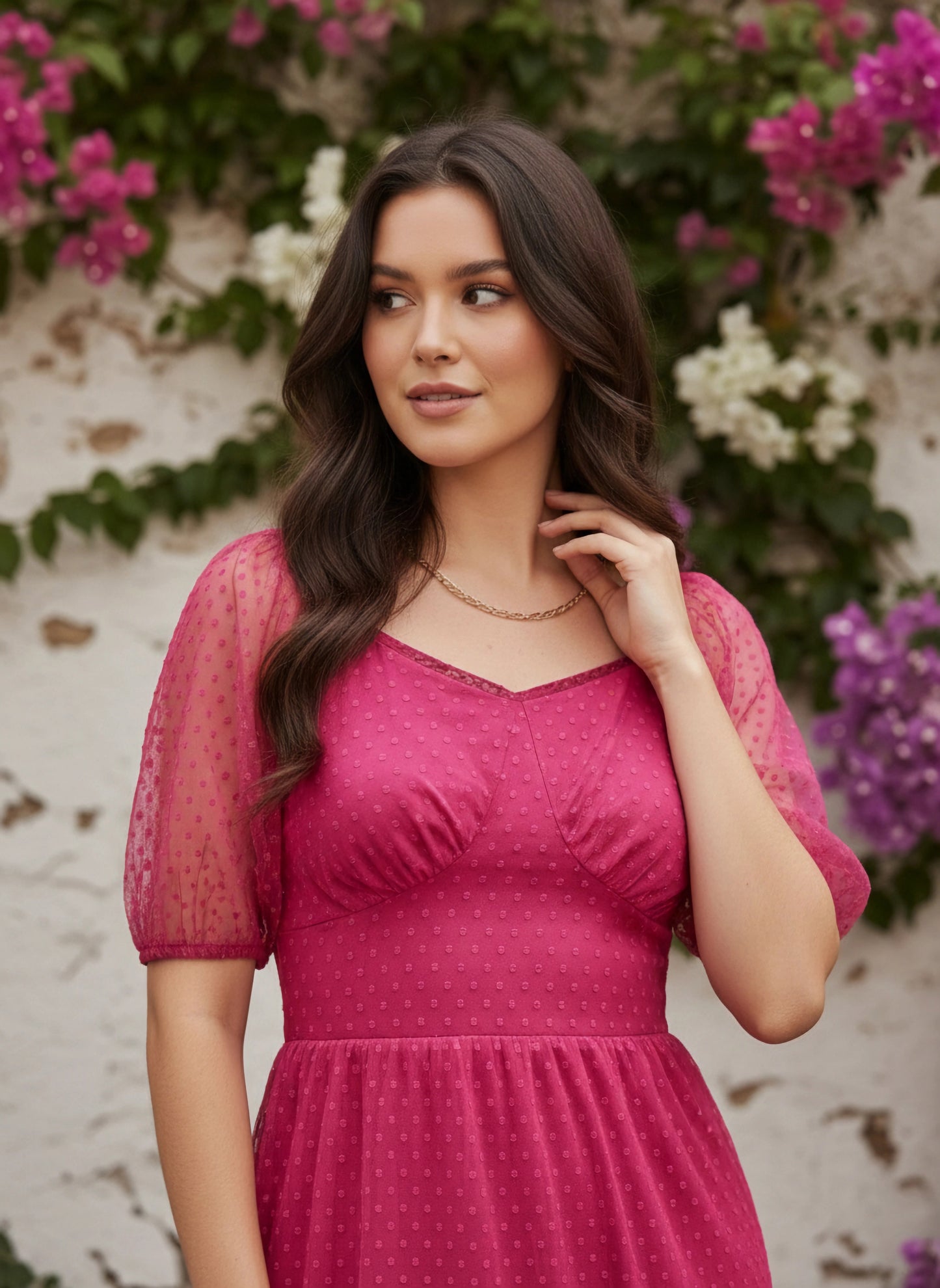 Solid Pink Dobby Weave Sweetheart Neck Backless Tie-Up Flounce Hem Pleated A-Line Midi Dress