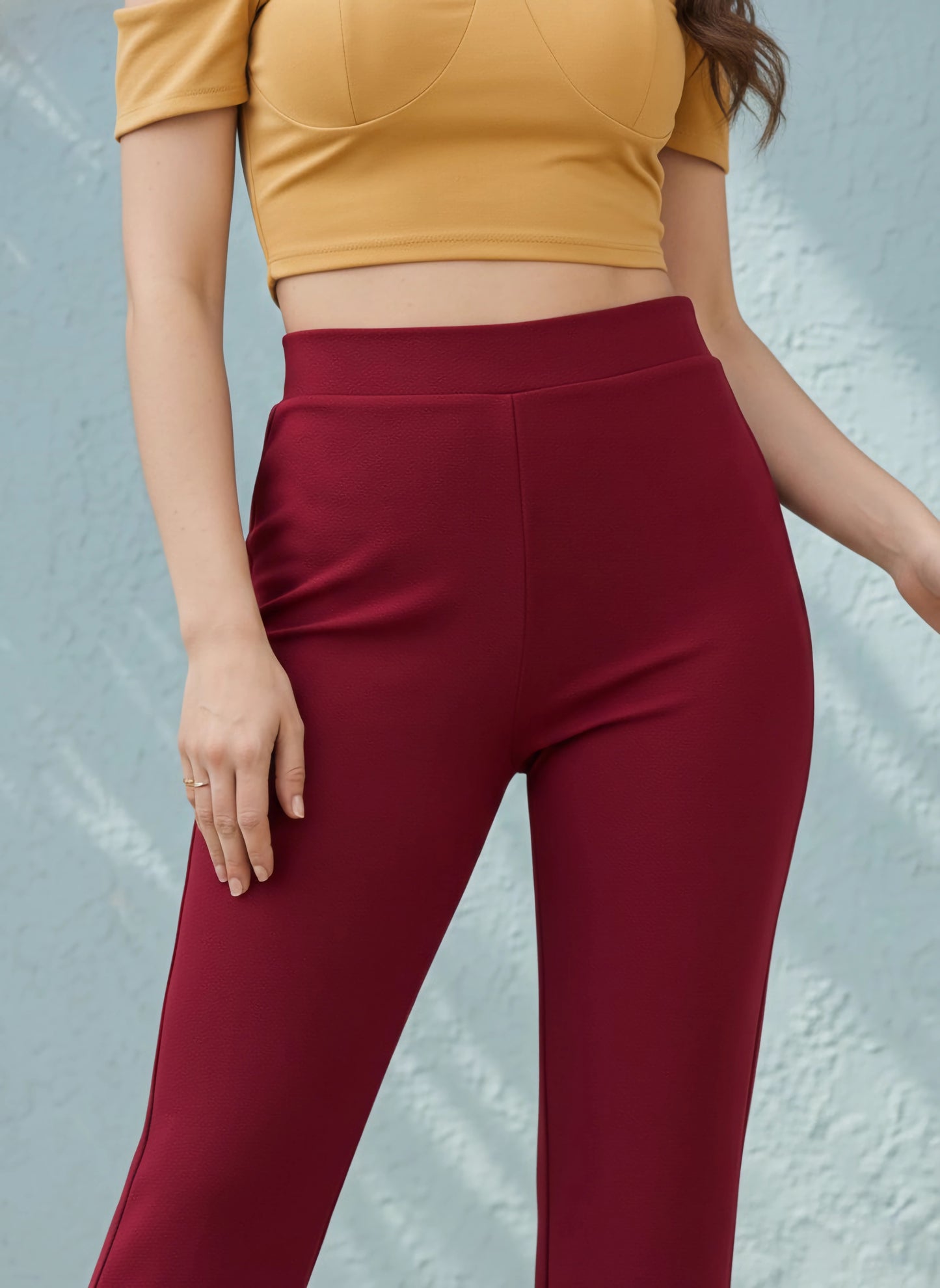 Berrylush Women Solid Red High-Rise Waist Front-Flat Pleat Wide-Leg Knitted Regular Trousers