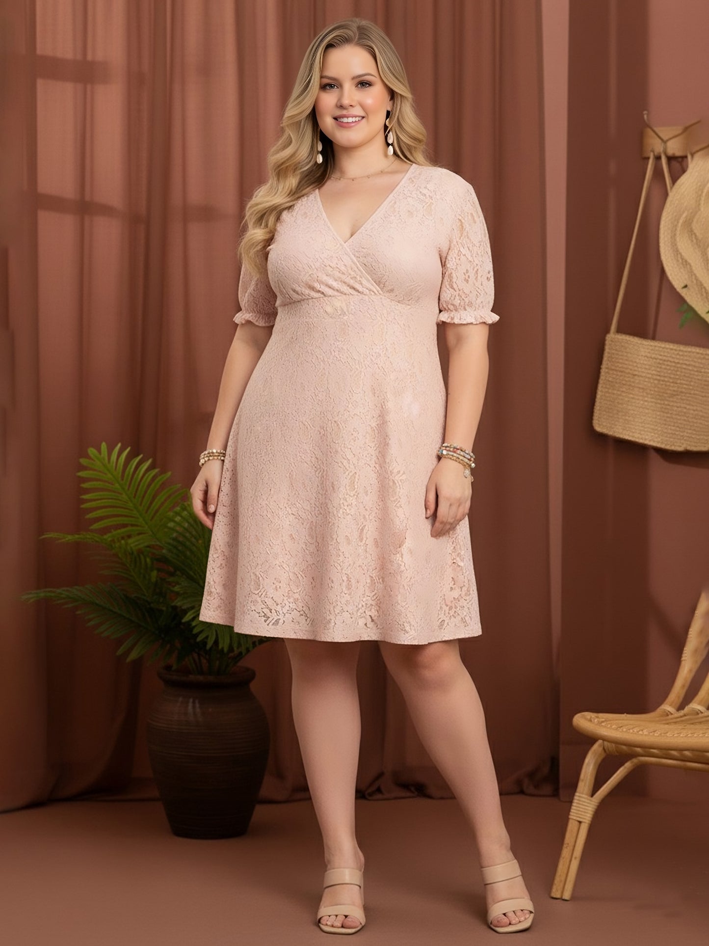 Berrylush Curve Women Pink Surplice Neck Puff Sleeve Lace Dress