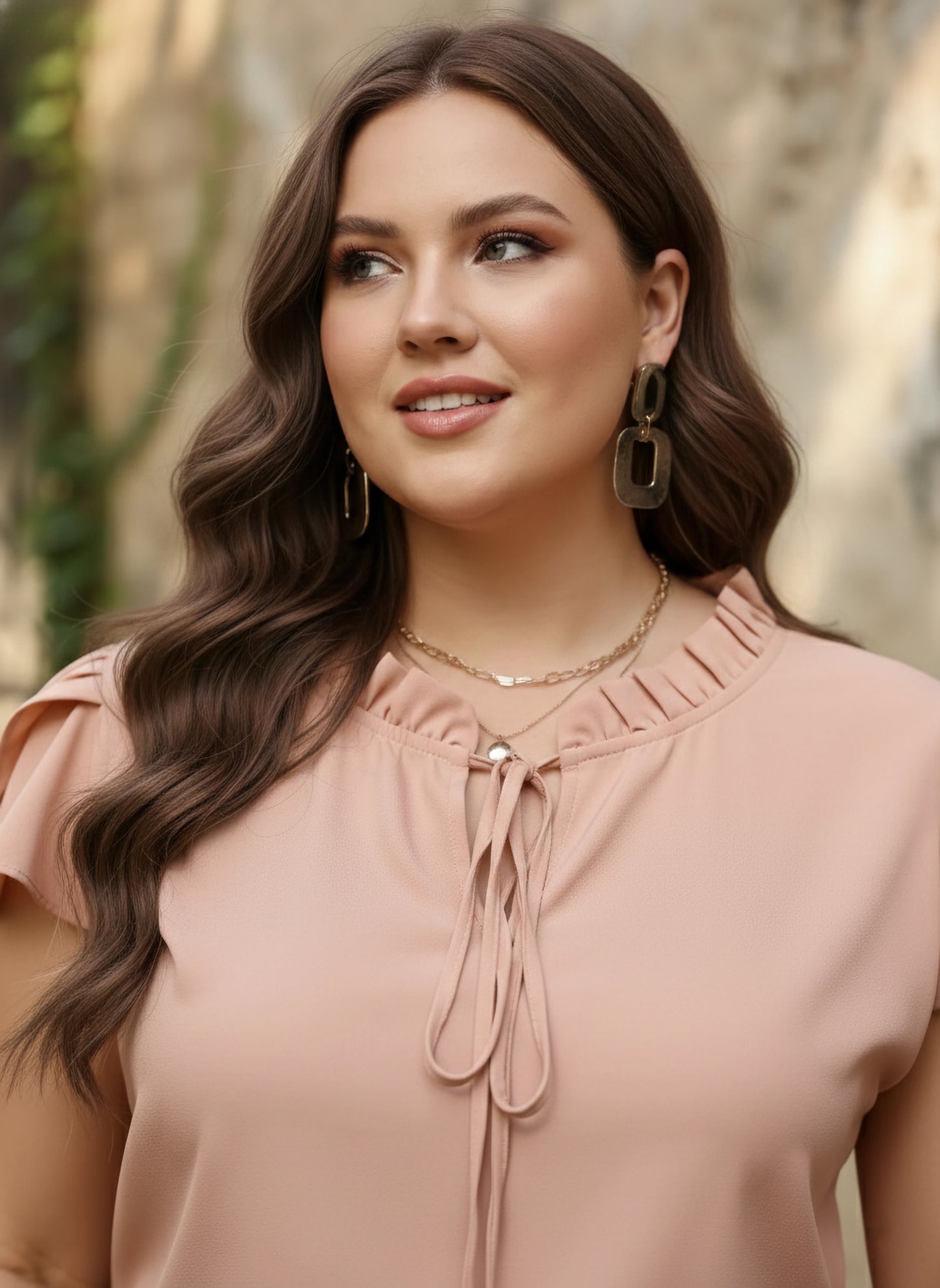 Berrylush Women Plus Size Solid Pink Tie-Up Neck Cap Sleeves Crepe Ruffled Regular Top
