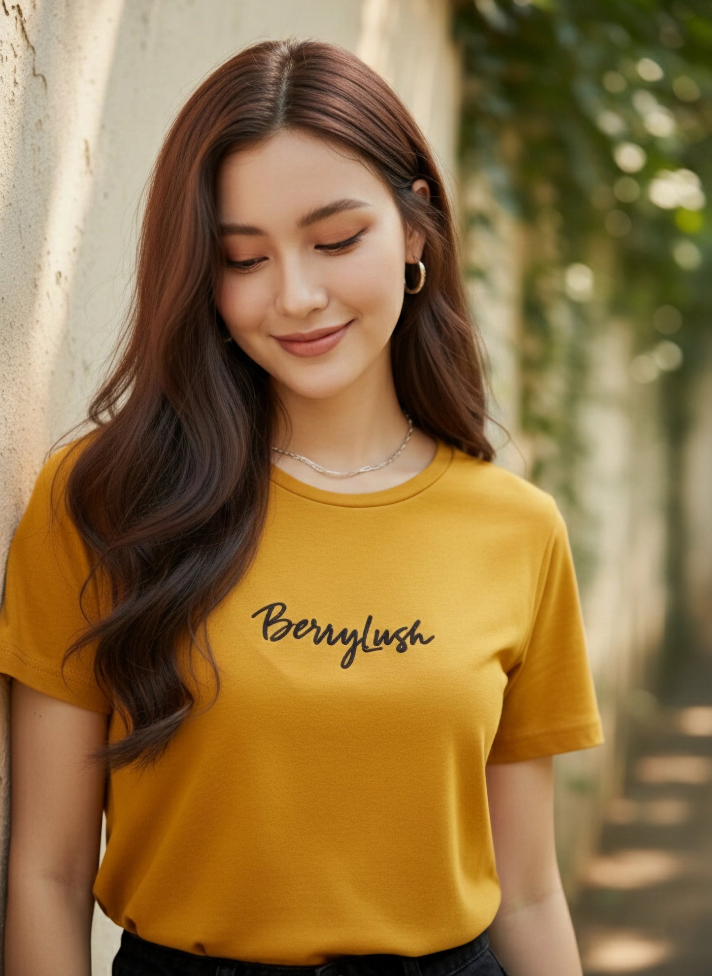 Solid Mustard Yellow Round Neck Front Brand Logo Short Sleeves Knitted Regular T-Shirt