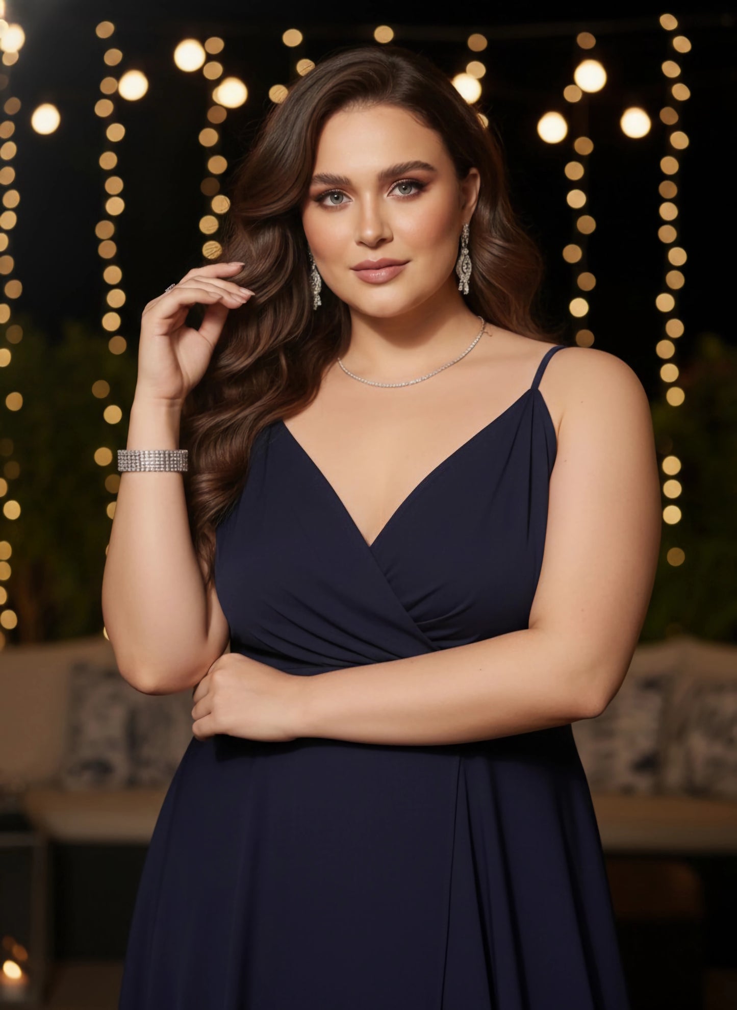 Berrylush Women Plus Size Solid Navy Blue V-Neck Crepe Thigh-High Slit Pleated Wrap Maxi Dress