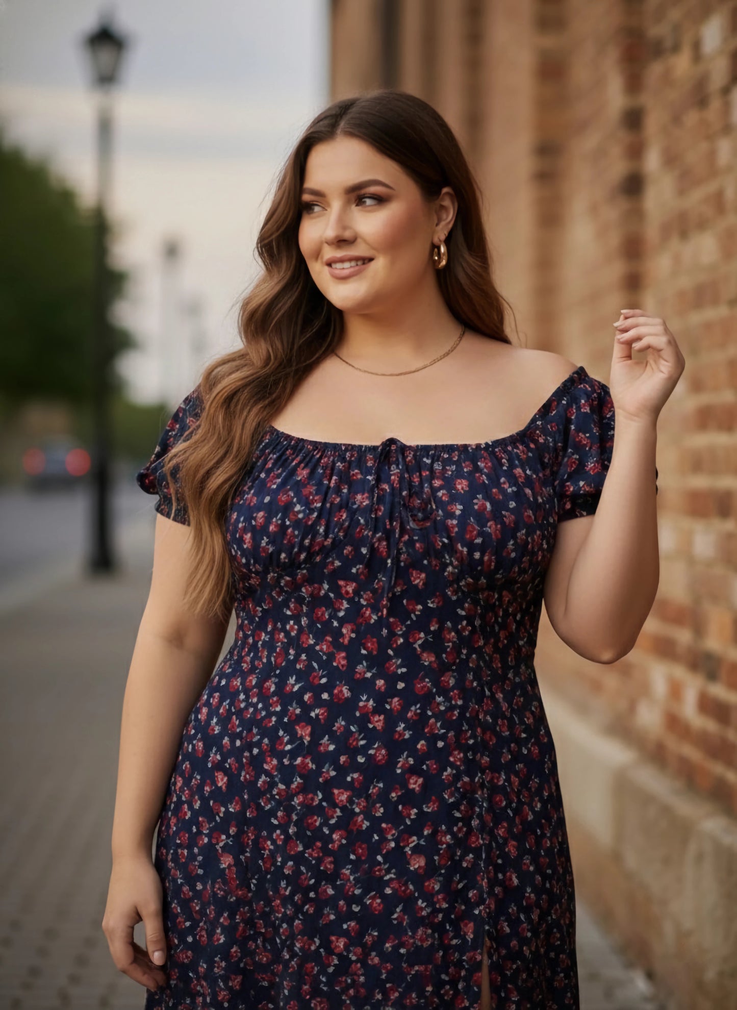 Plus Size Navy Blue & Red Floral Printed Square Neck Front Tie-Up Thigh-High Slit Flared A-Line Midi Dress
