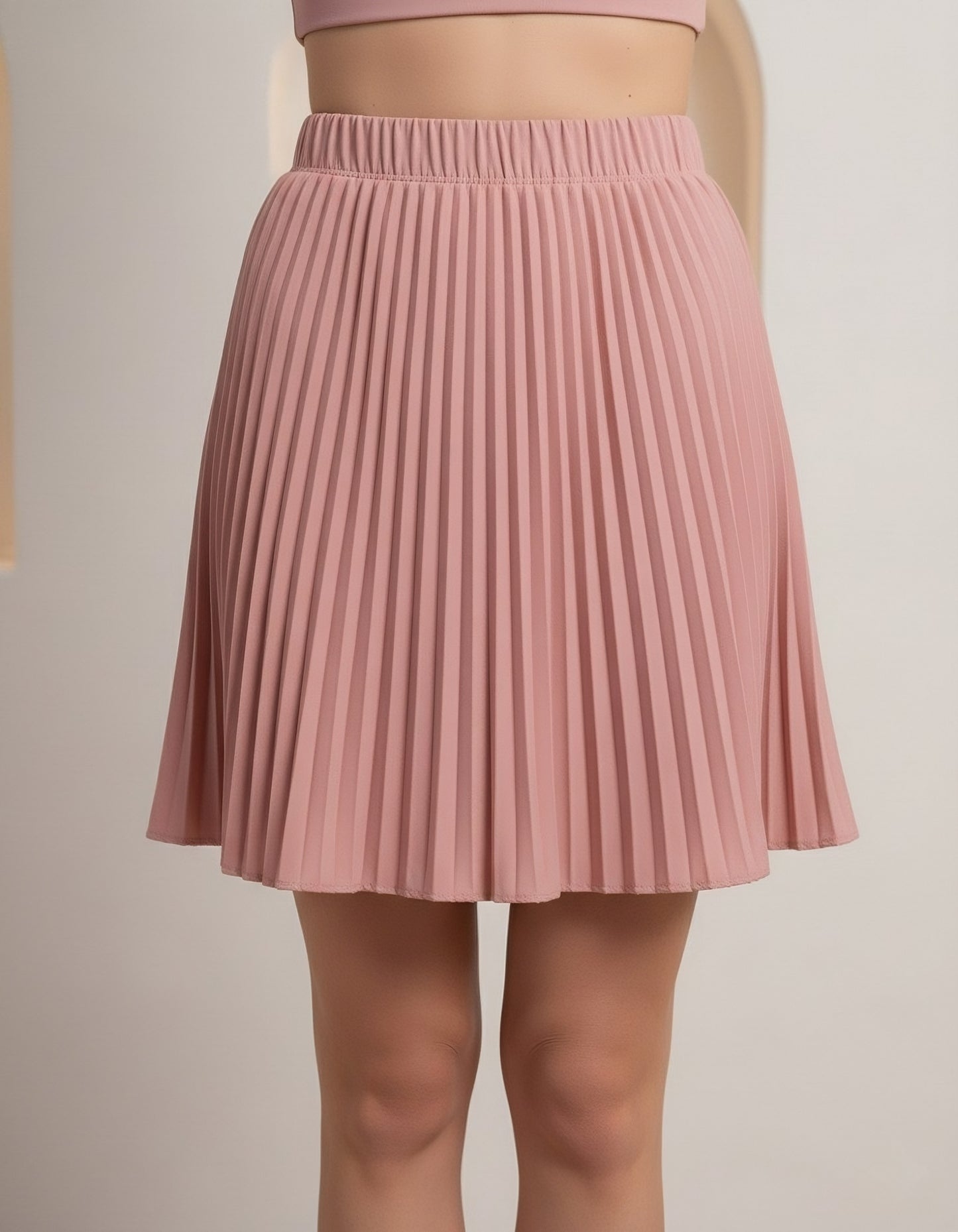 Berrylush Women Solid Light Pink High-Rise Elastic Waist Slip-On Pleated Midi Skirt