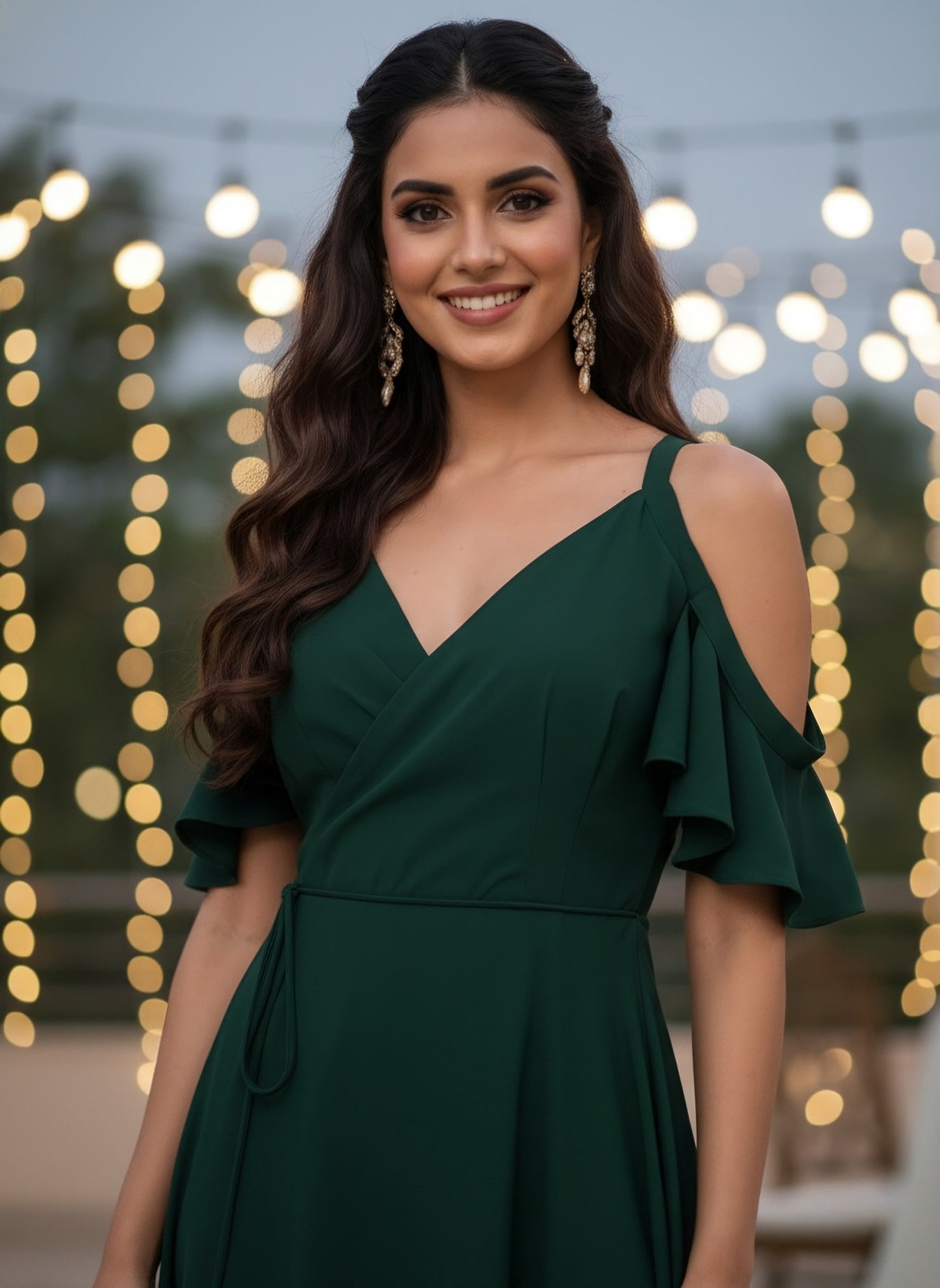 Berrylush Women Solid Green V-Neck Cold-Shoulder Maxi Dress