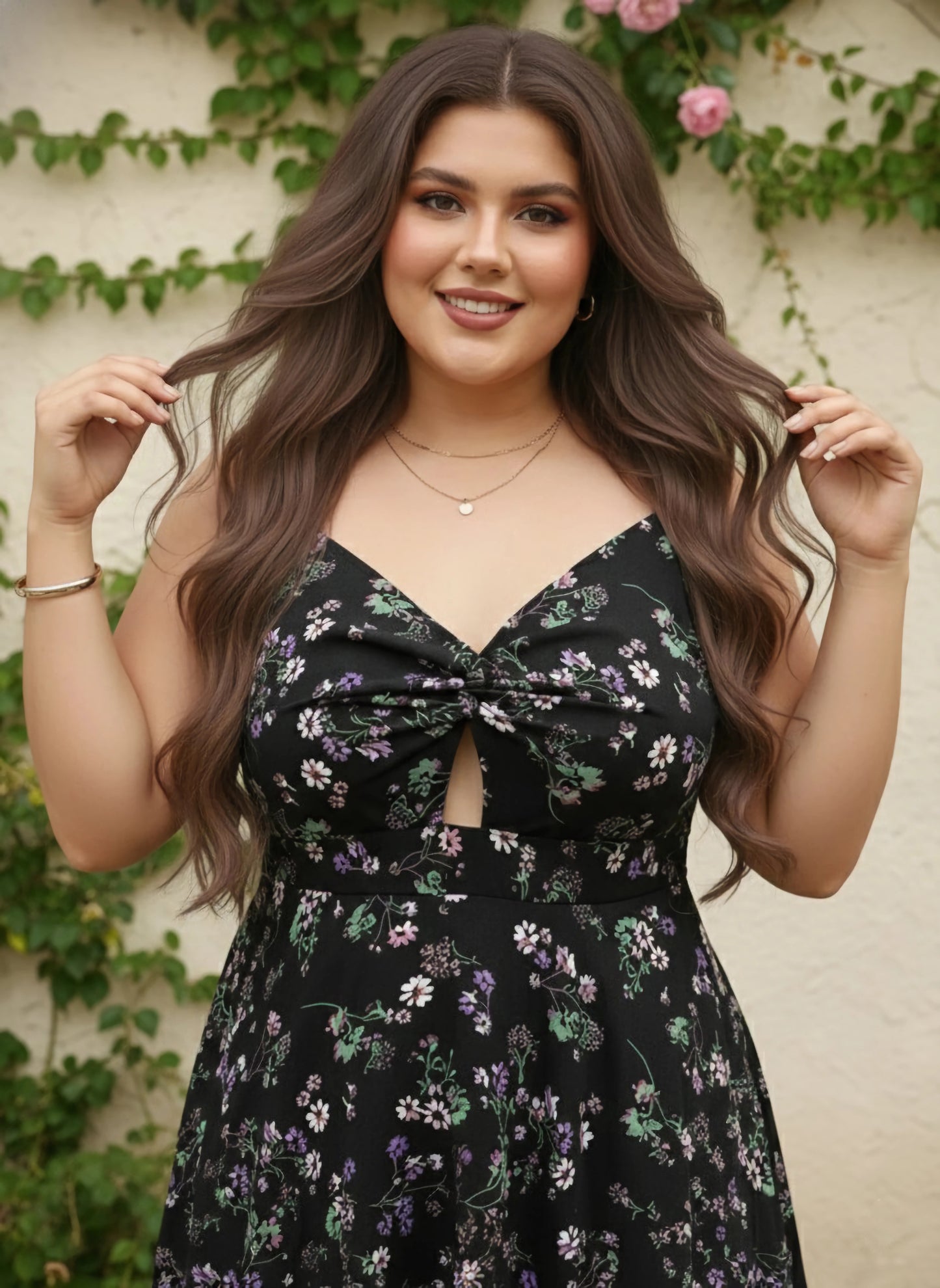Berrylush Women Plus Size Black & Purple Floral Printed Crepe Front Twist Detail Crepe Mini Dress