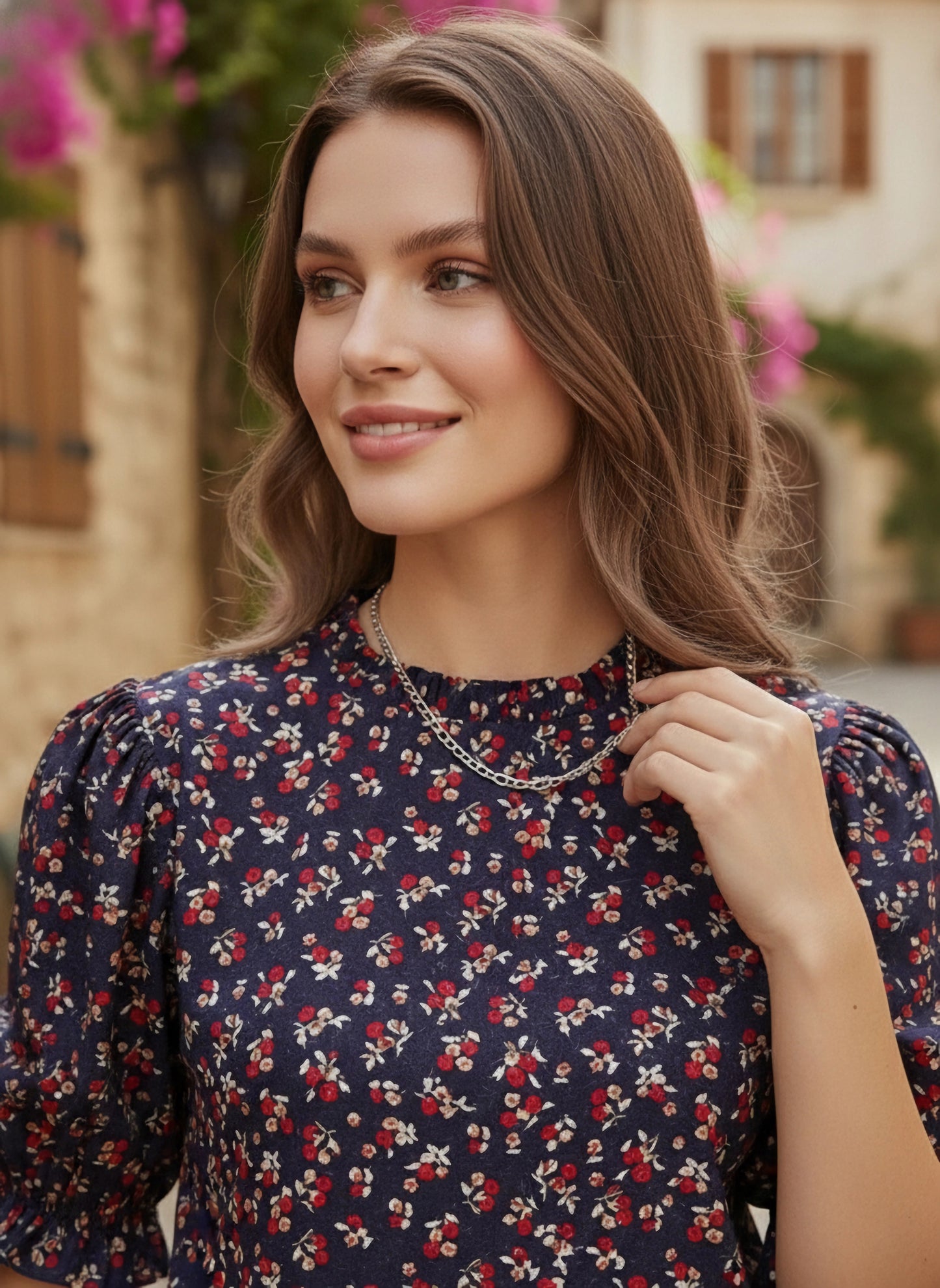 Berrylush Women Navy Blue Floral Printed Round Neck Top