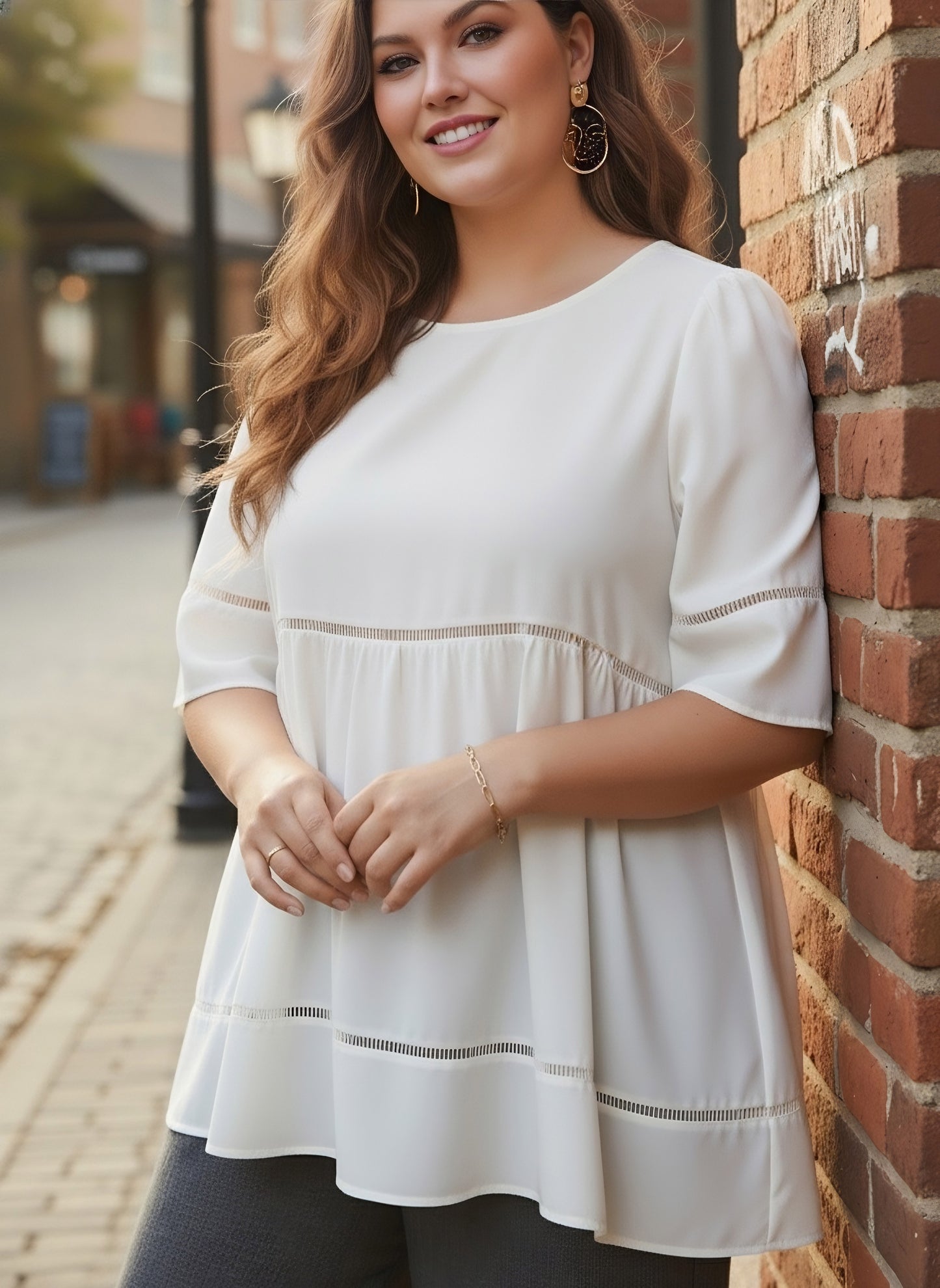 Berrylush Curve Women Solid White Round Neck Puff Sleeves Lace-Up Regular Top