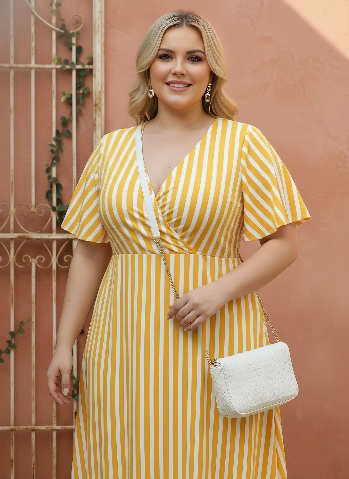 Berrylush Women Plus Size Yellow & White Striped Print V-Neck Flutter Sleeves Cotton Curved Hem Pleated A-line Mini Dress