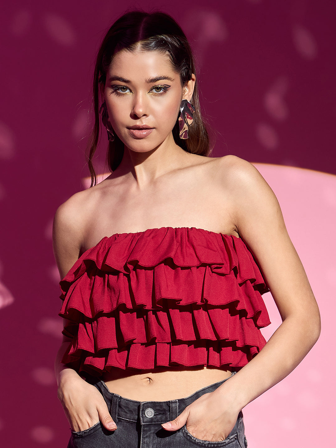 Berrylush Women Solid Red Strapless Neck Sleeveless Ruffled Detail Layered Crop Tube Top