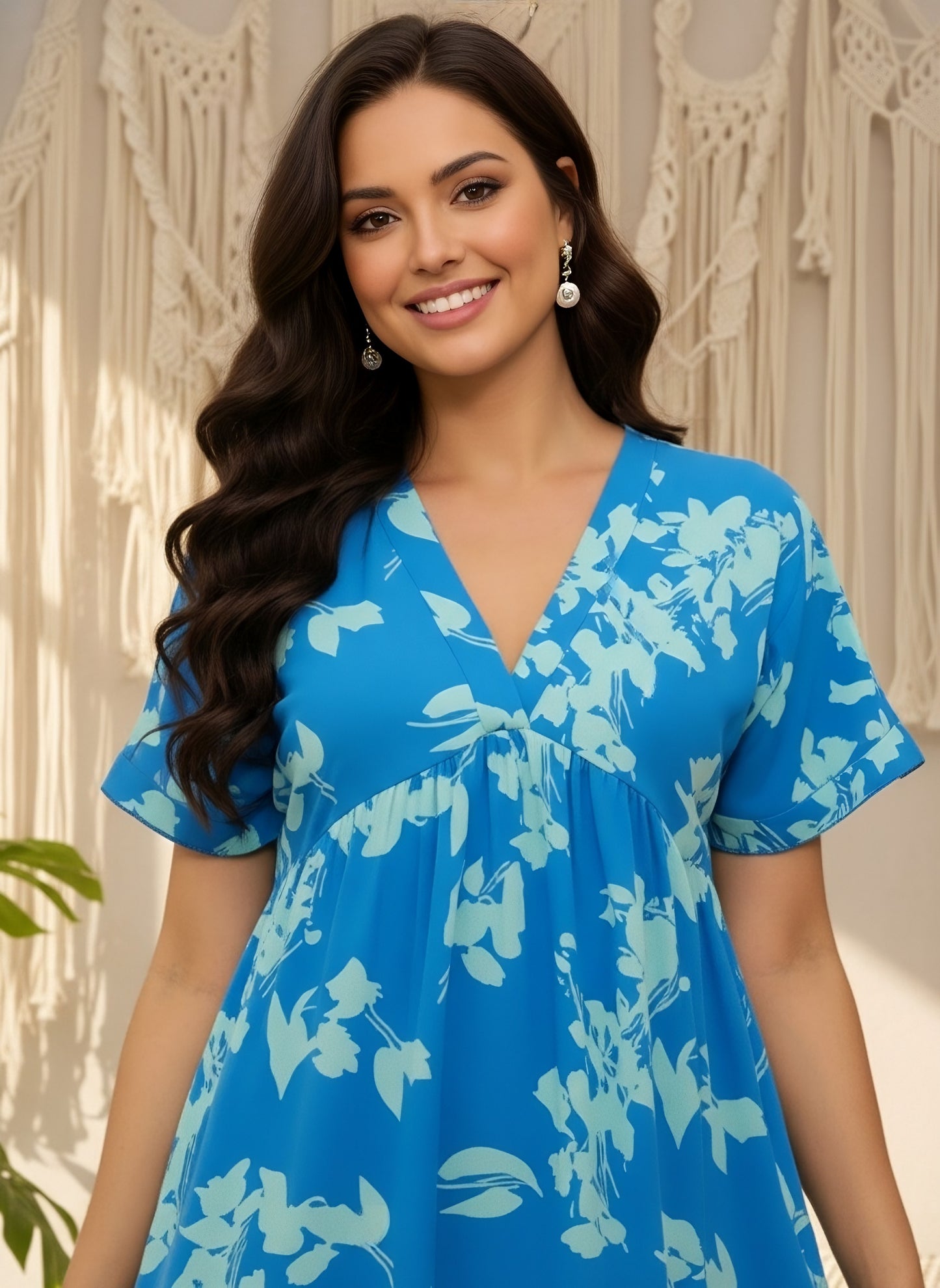 Berrylush Women Blue Floral Print Short Sleeve Flared A-Line Mini Dress
