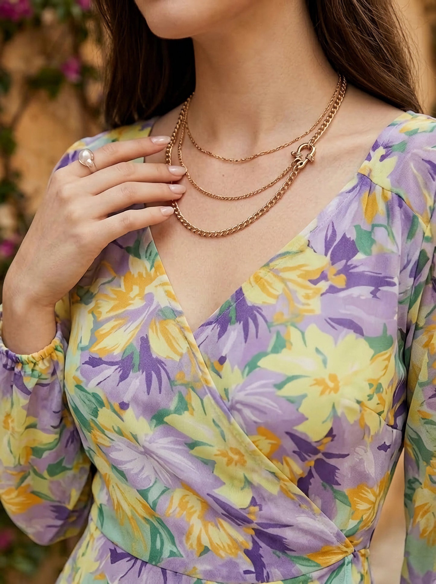 Berrylush Women Purple & Yellow Floral Printed V-Neck Thigh-High Slit Flared Wrap Maxi Dress