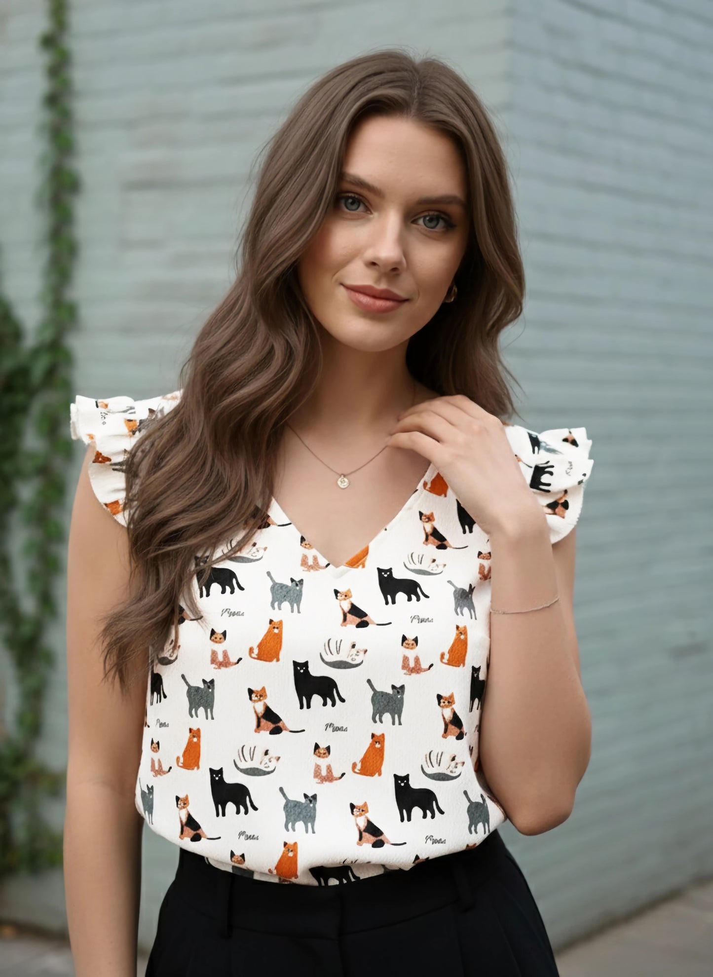 Berrylush Women White Cat Printed V-Neck Flutter Sleeve Crepe Regular Top