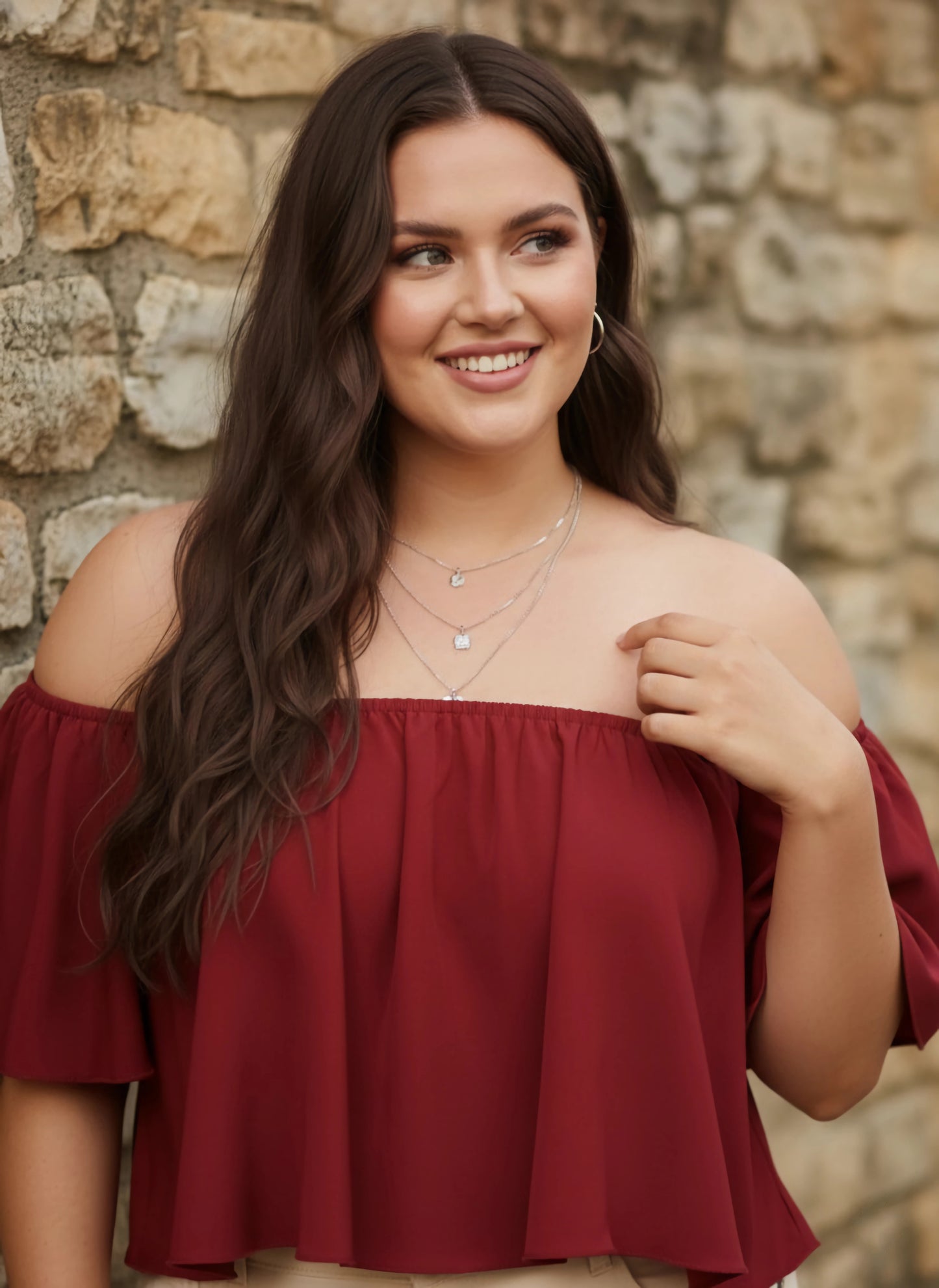 Berrylush Women Plus Size Solid Maroon Off-Shoulder Neck Crepe Ruffled Bardot Crop Top