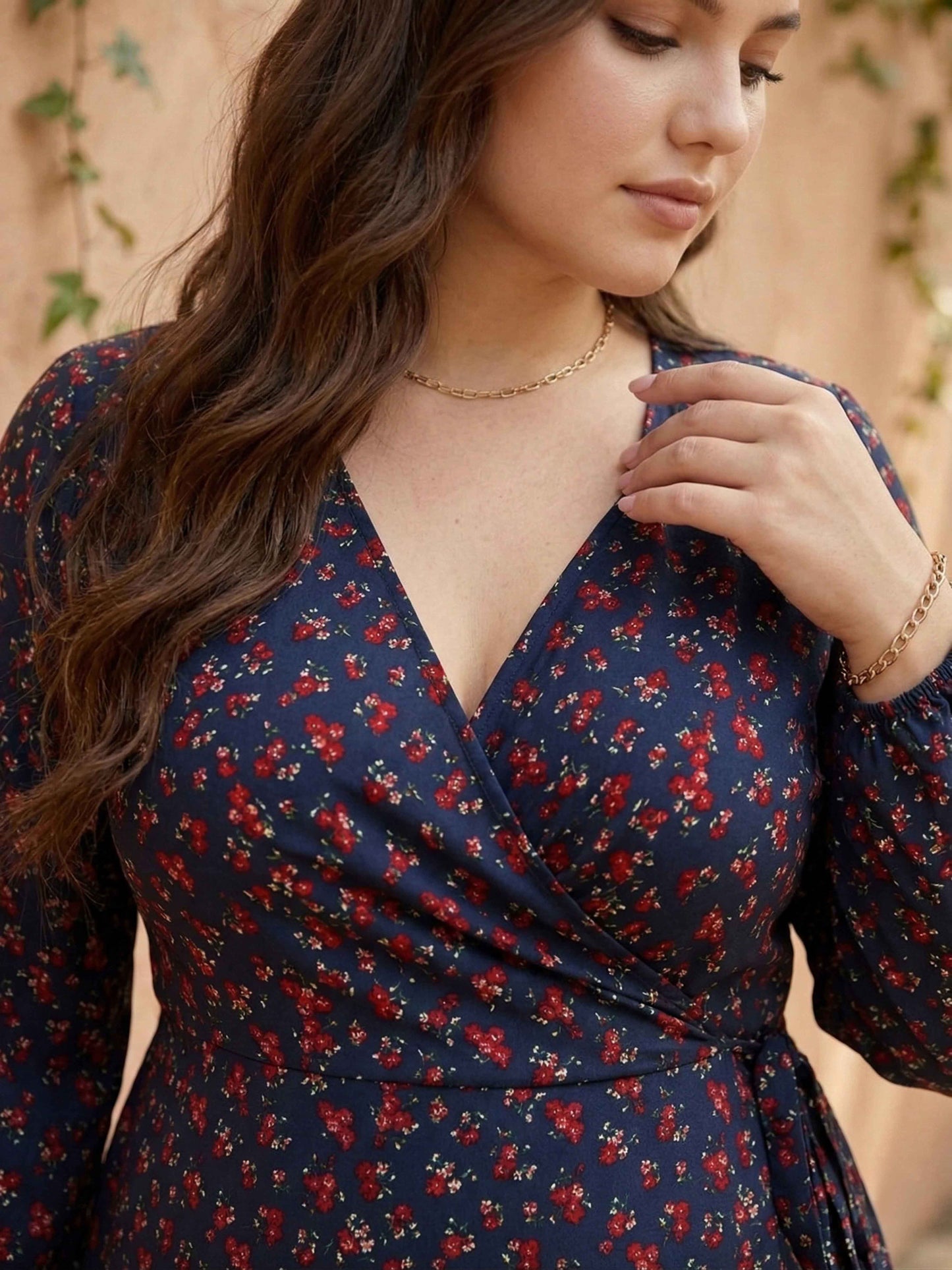 Berrylush Women Plus Size Navy Blue & Red Floral Printed V-Neck Waist Tie-Up Fit & Flare Wrap Mini Dress