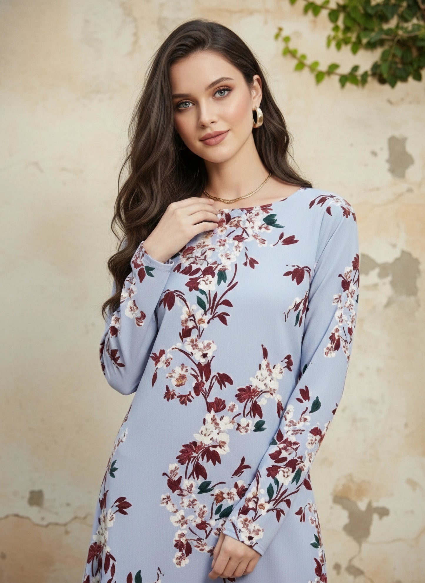 Berrylush Women Blue Floral Printed Round Neck High Low Top