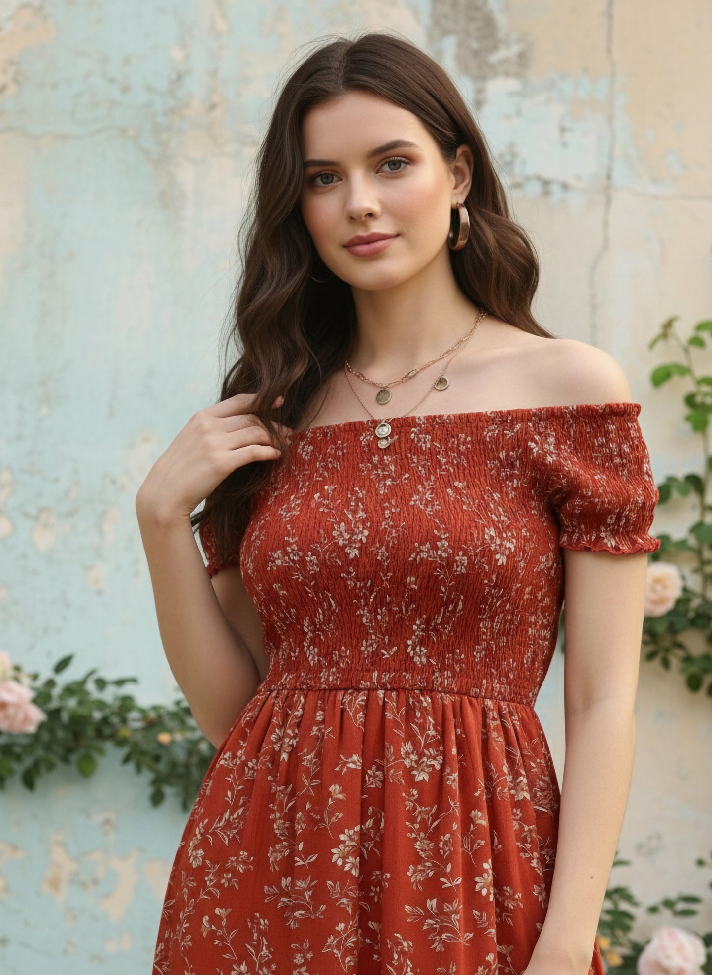 Berrylush Women Red & White Floral Printed Off-Shoulder Neck Thigh-High Slit Crepe Smocked Maxi Dress