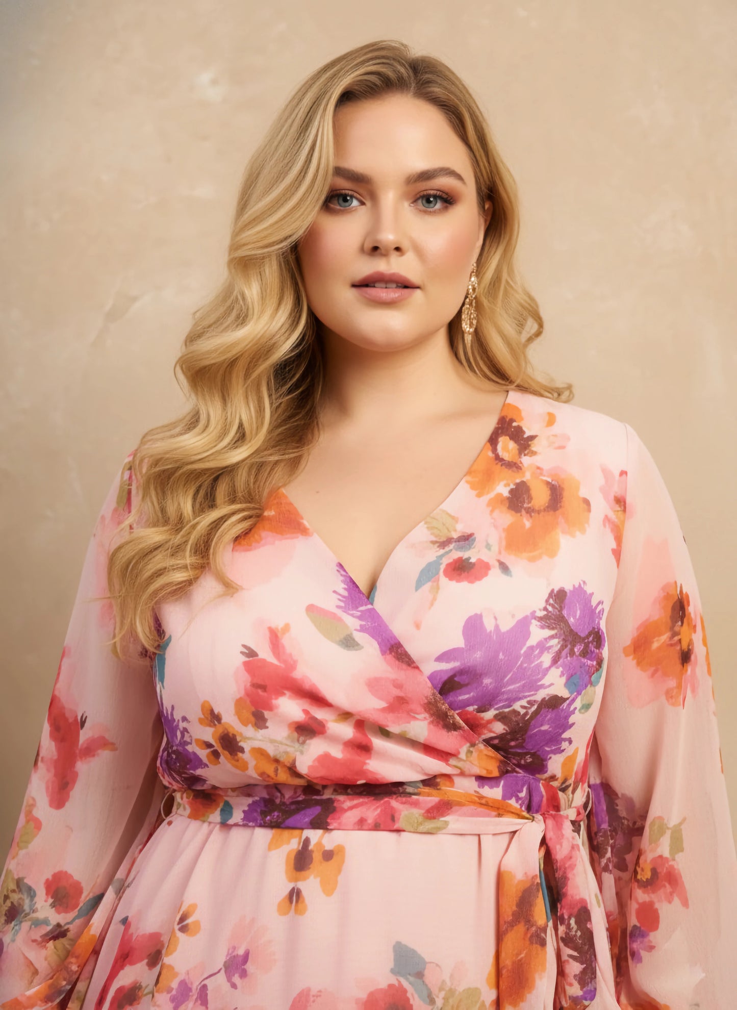 Berrylush Curve Women Pink & Purple Floral Printed V-Neck Bishop Sleeves Tie-Up Waist Pleated Fit & Flare Mini Dress