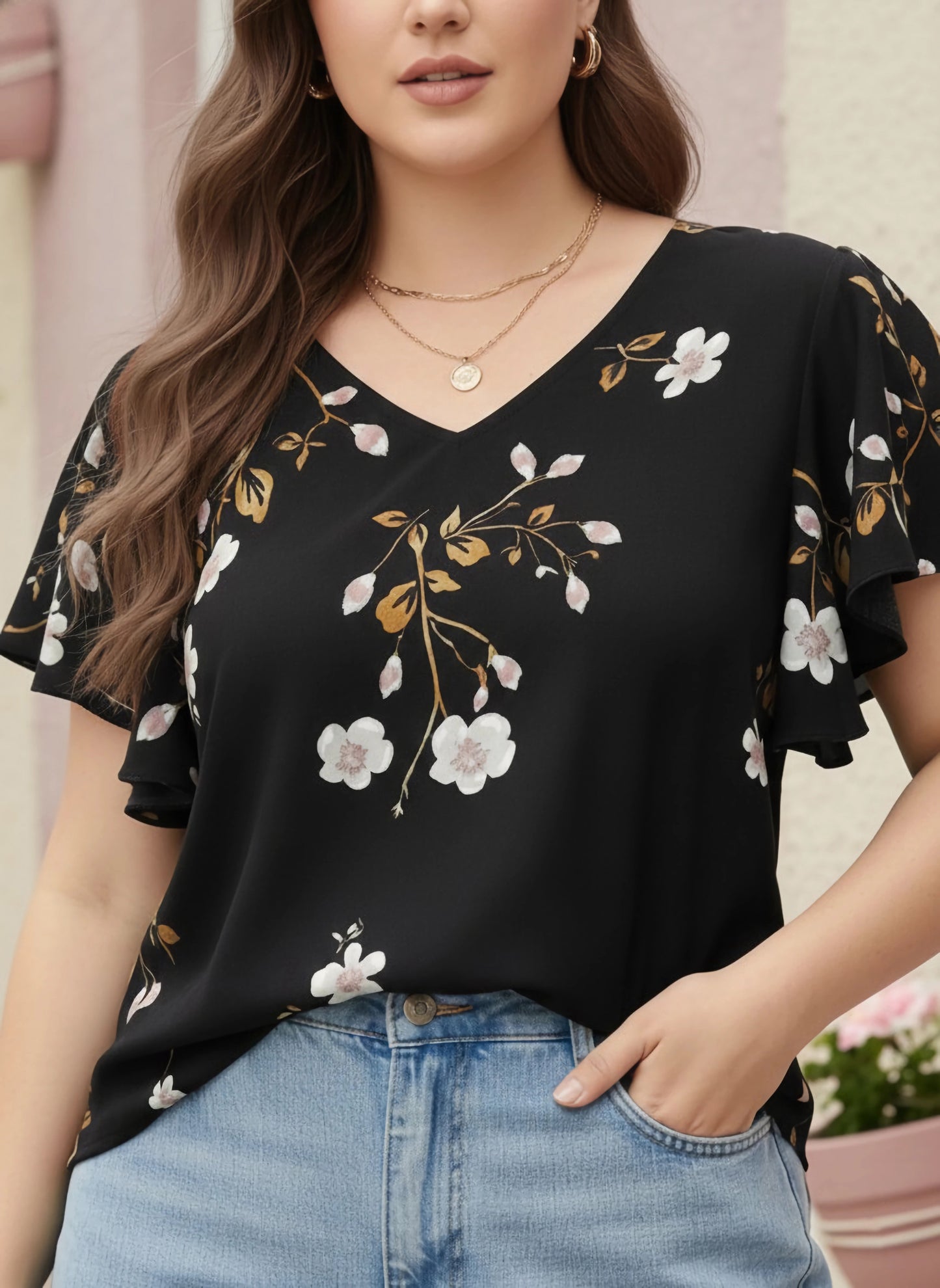 Berrylush Women Plus Size Black & White Floral Printed V-Neck Flutter Sleeve Crepe Ruffled Regular Top