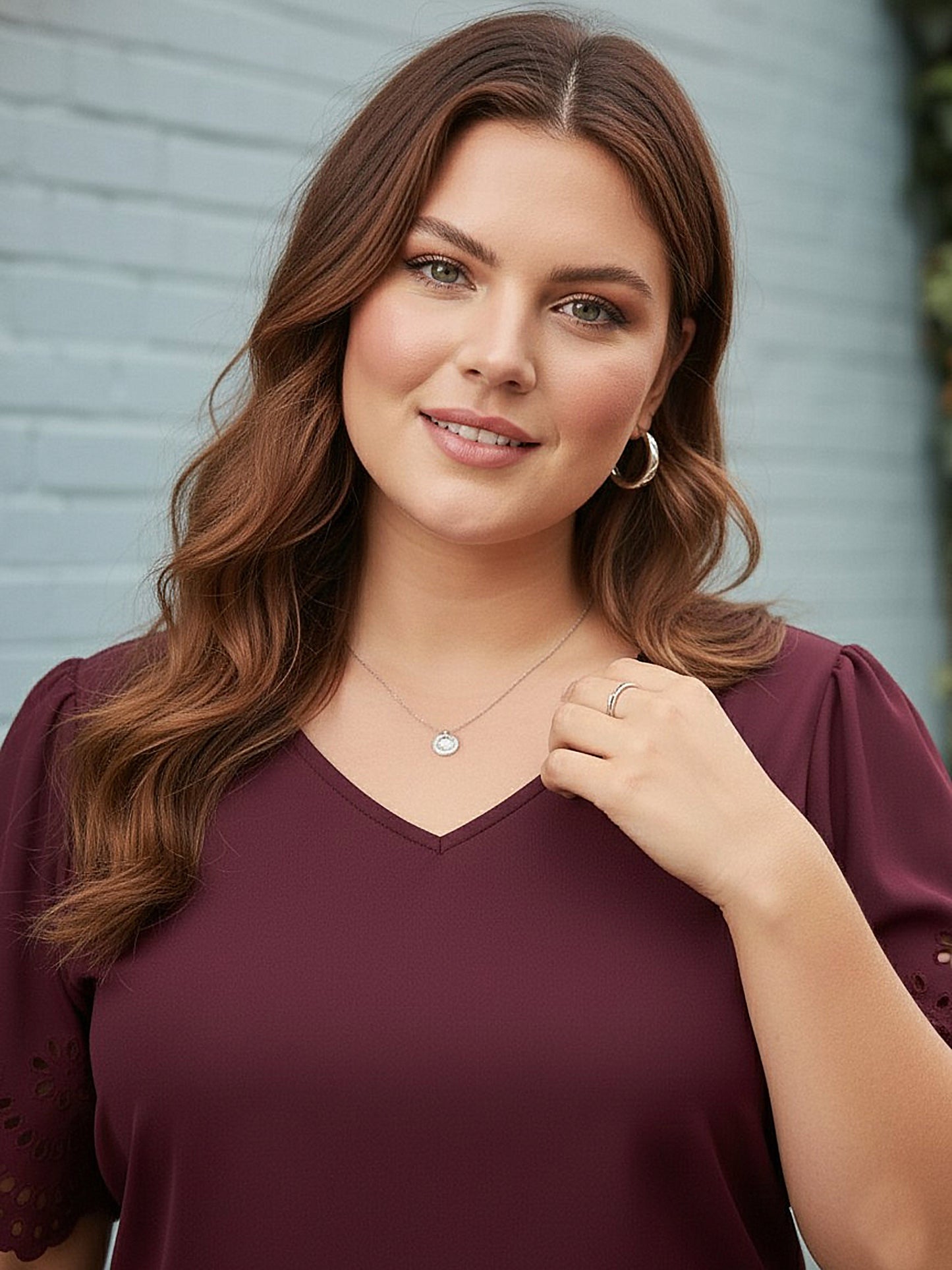 Curve Solid Maroon V-Neck Short Cutout Sleeves Woven Regular Top