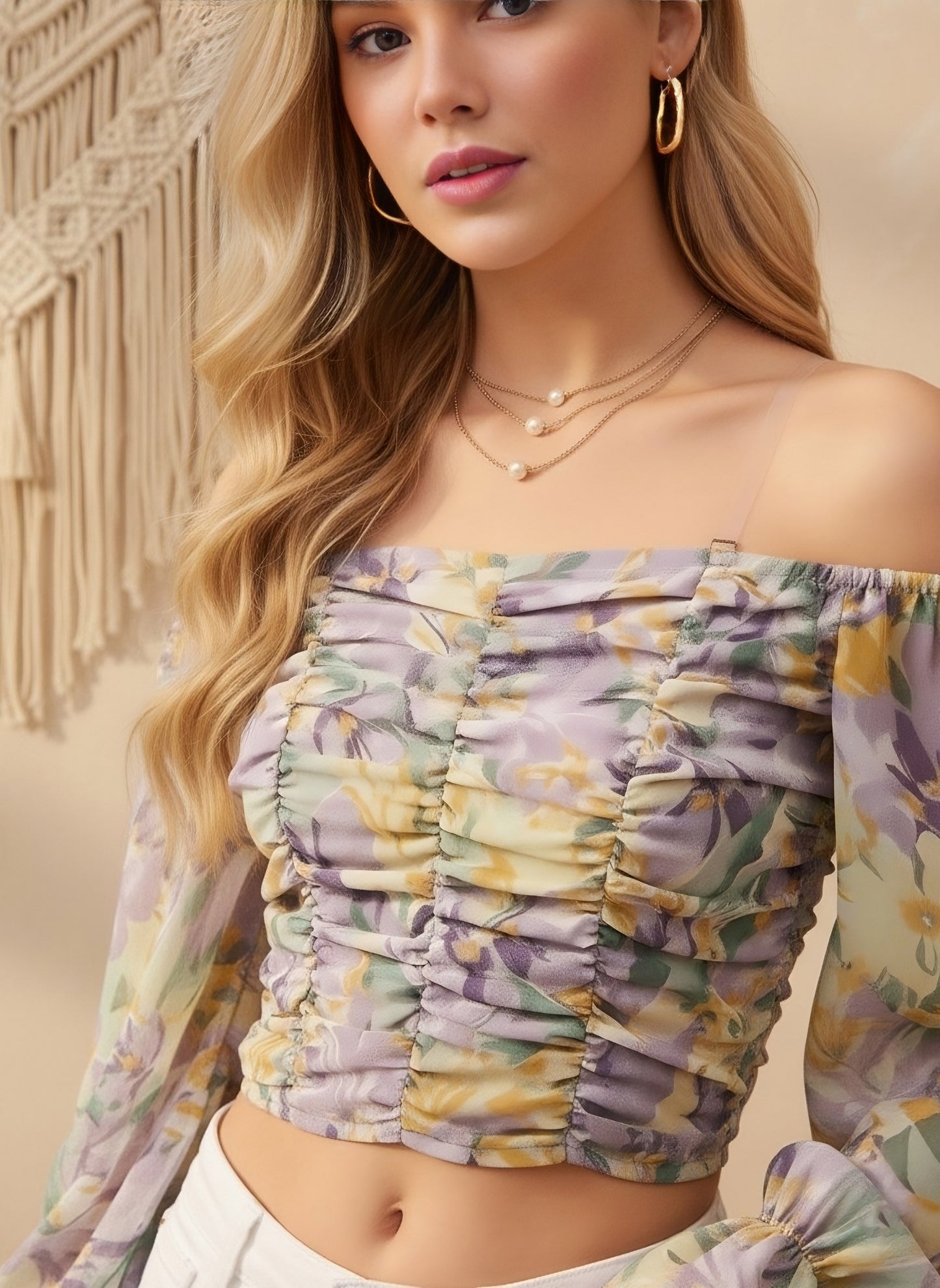 Berrylush Women Purple & Yellow Floral Printed Off-Shoulder Neck Bishop Sleeves Adjustable Shooulder Straps Georgette Pleated Crop Top