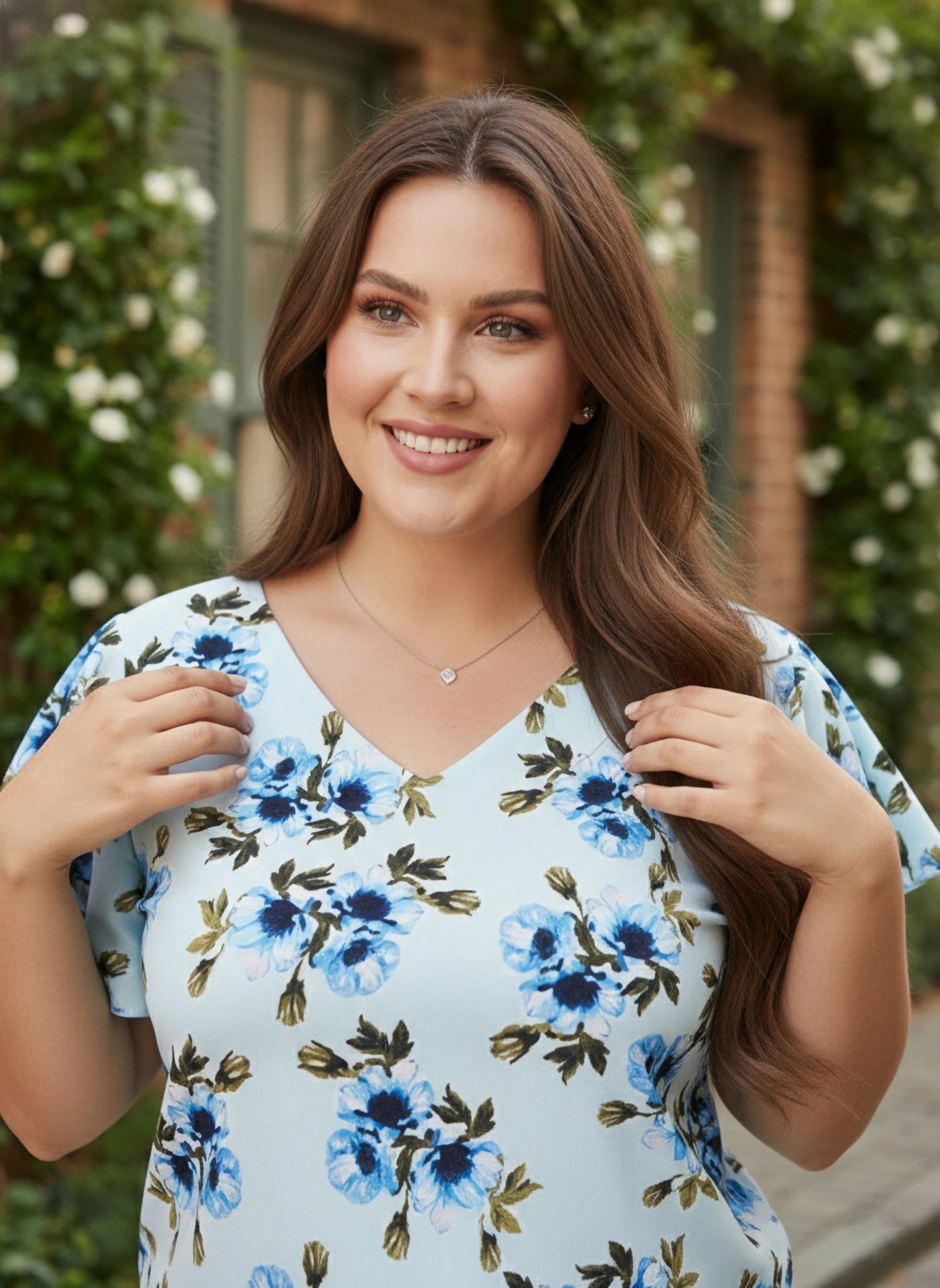 Plus Size Blue & Green Floral Printed V-Neck Flutter Sleeve Crepe Ruffled Regular Top