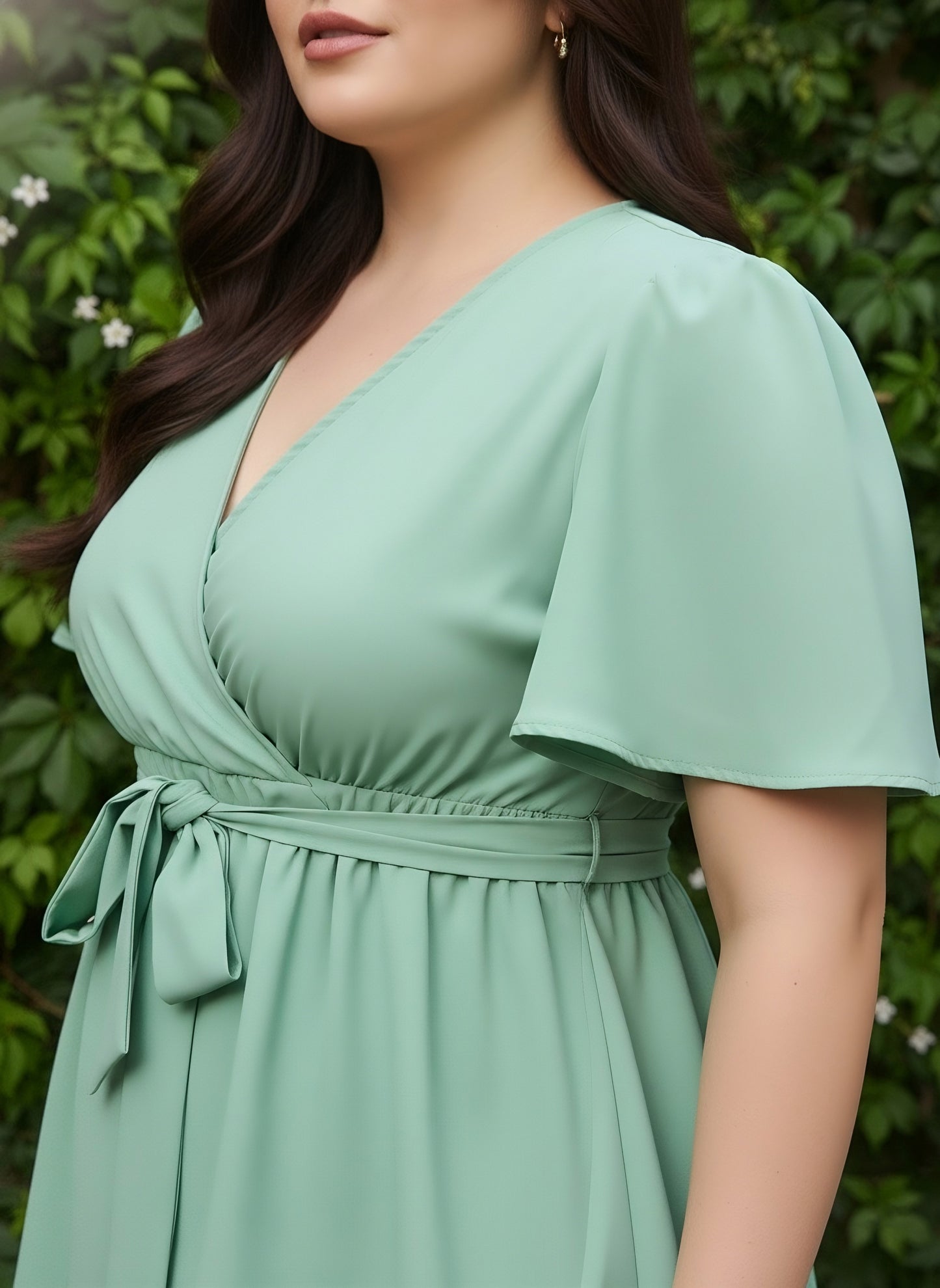 Berrylush Curve Women Solid Green V-Neck Flared Sleeves Waist Tie-Up Pleated Regular Empire Top