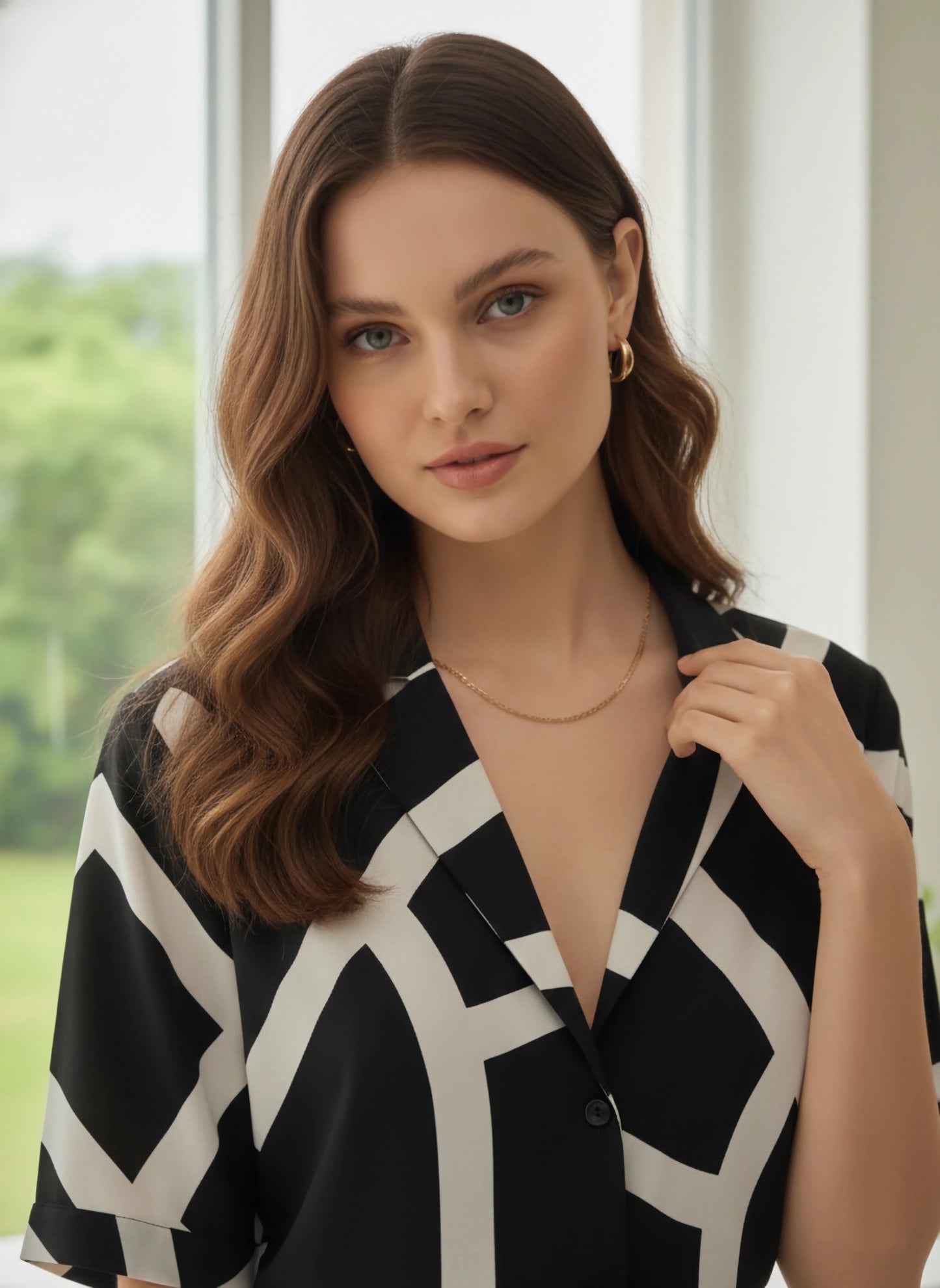 Berrylush BIZwear Women Black Printed Lapel Collar Regular Top