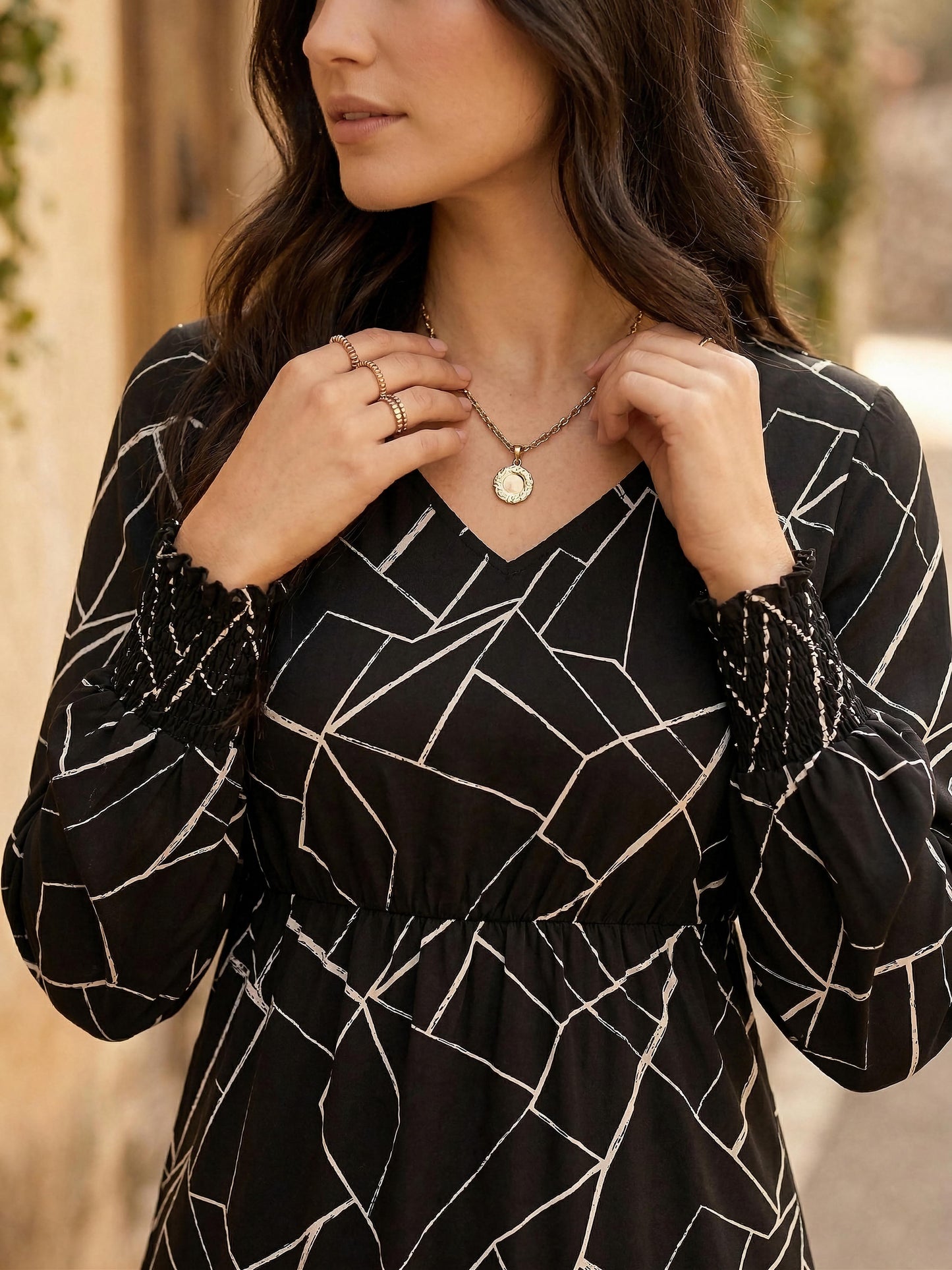 Black & White Geometric Printed V-Neck Bishop Sleeves Flared A-Line Maxi Dress