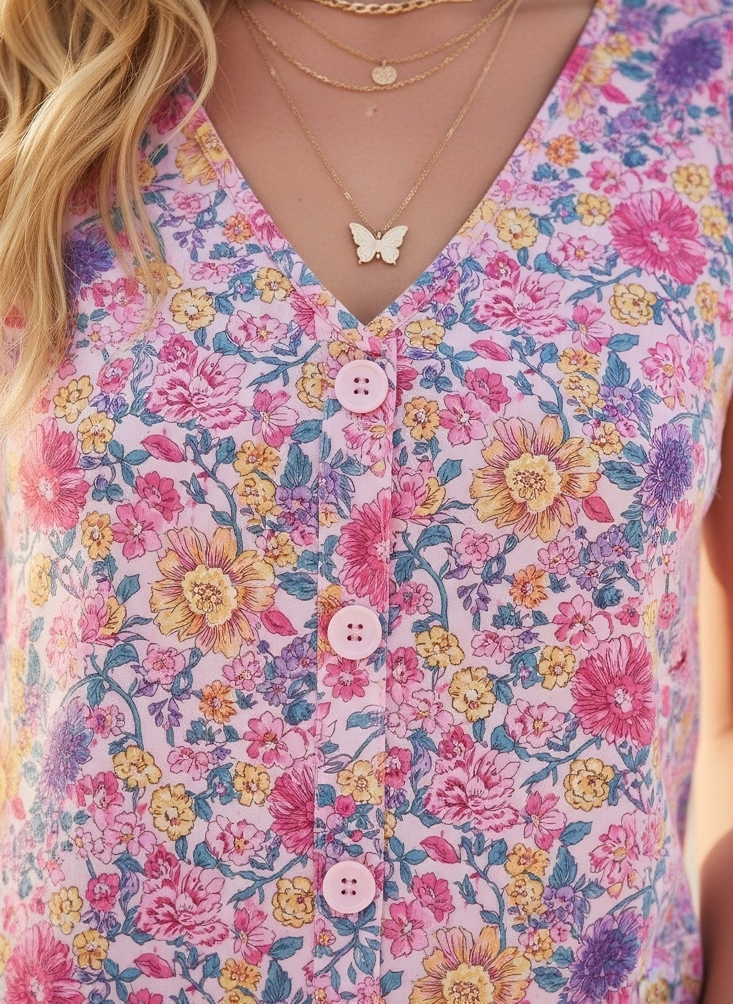 Berrylush Women Pink & Yellow Floral Printed V-Neck Sleeveless V-Back Front Button-Up Regular Top