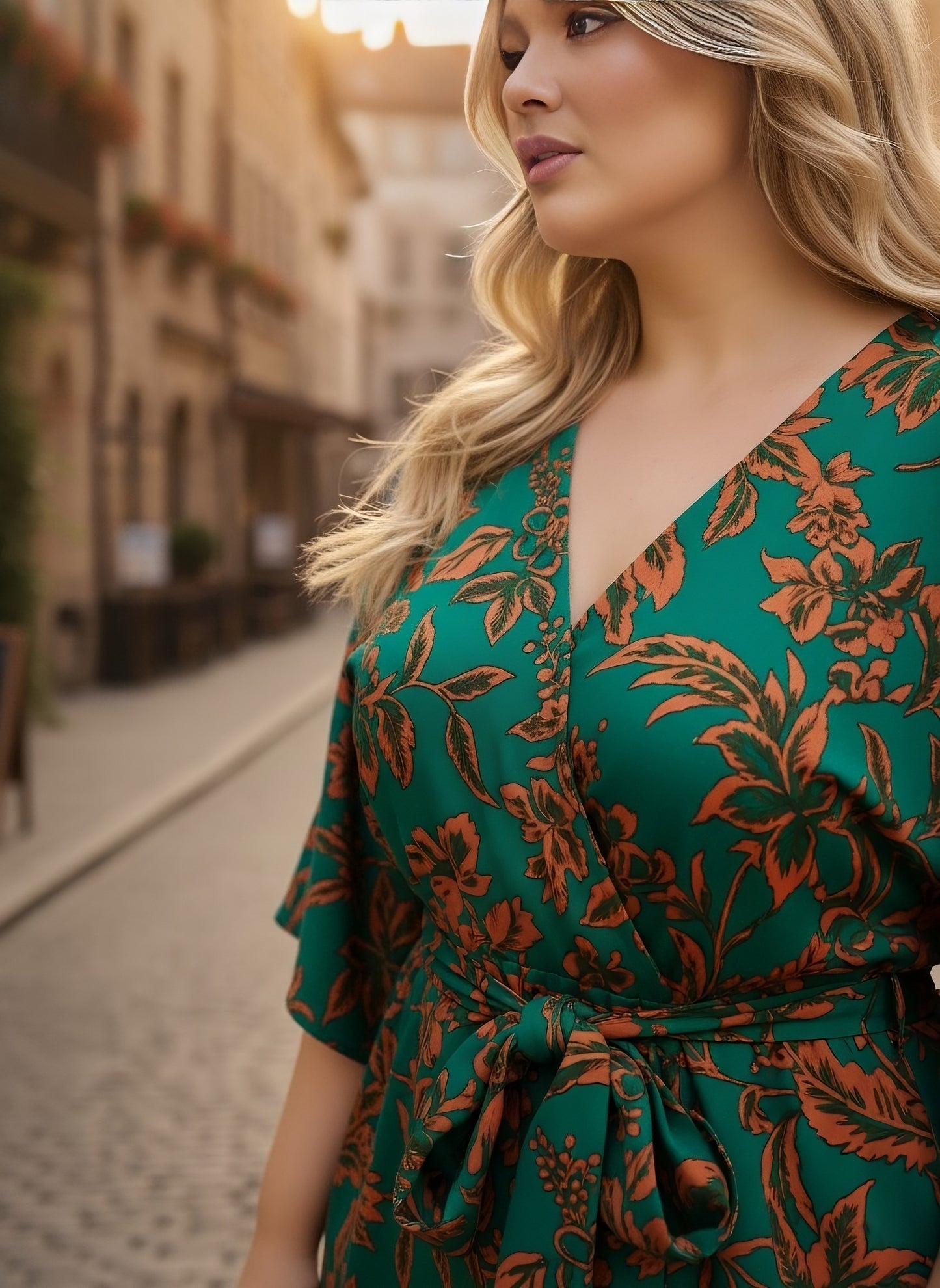 Berrylush Curve Women Green & Orange Floral Printed V-Neck Batwing Sleeve Tie-Up Waist Pleated Mini Jumpsuit