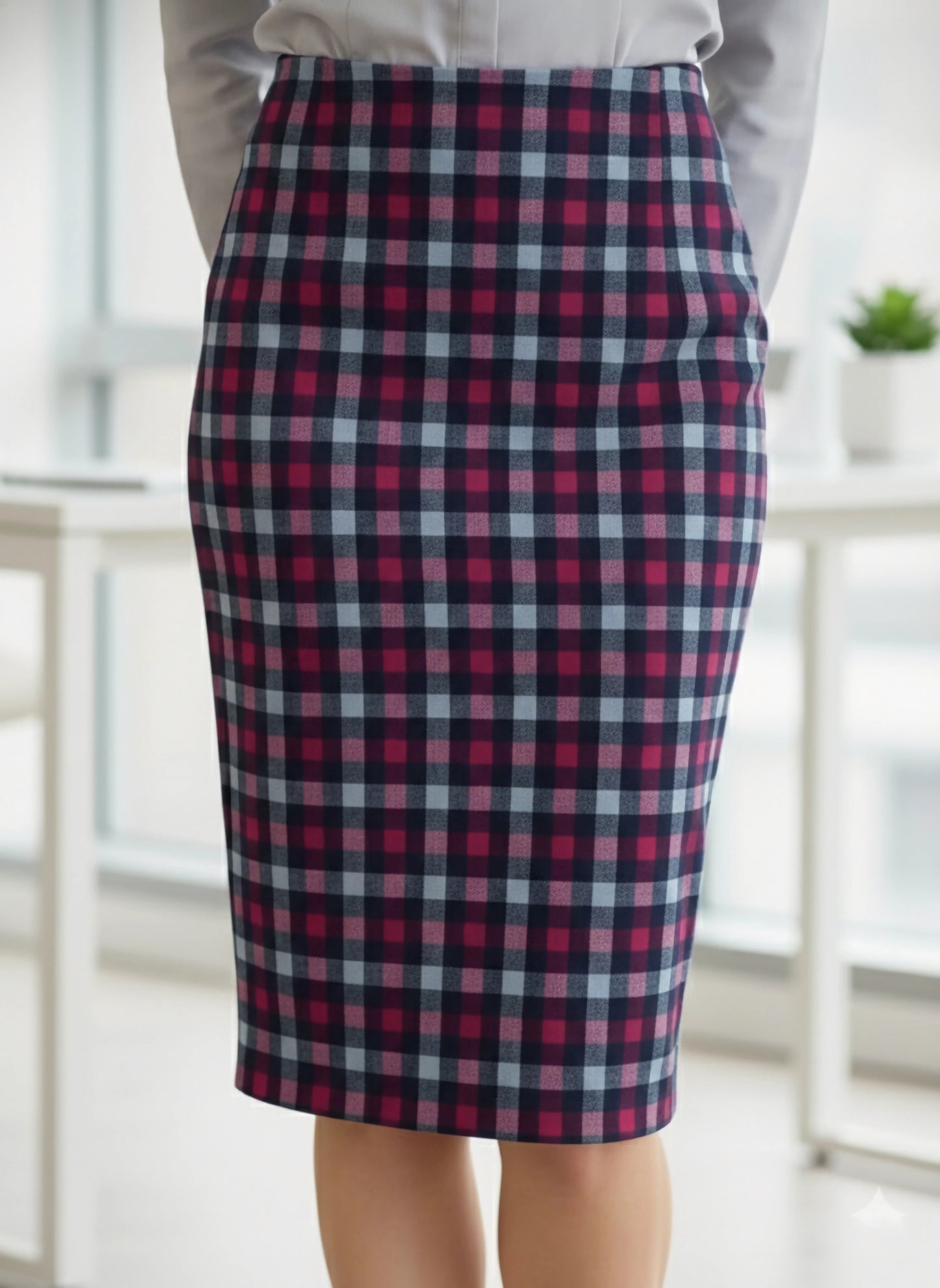 Berrylush BIZwear Women Multicolour Checked Print High-Rise Waist Slip-On Straight Hem Knitted Pencil Midi Skirt