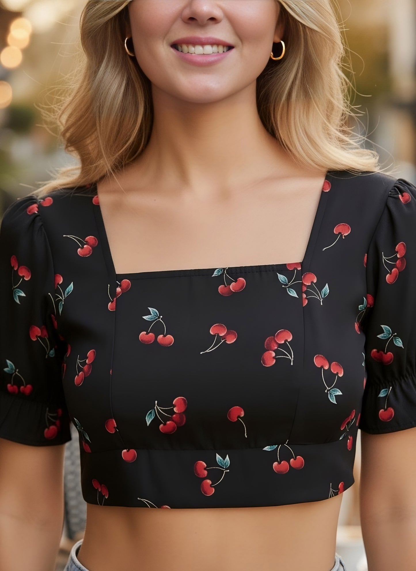 Berrylush Women Black & Red Cherry Printed Square Neck Puff Sleeves Tie-Up Backless Cropped Top
