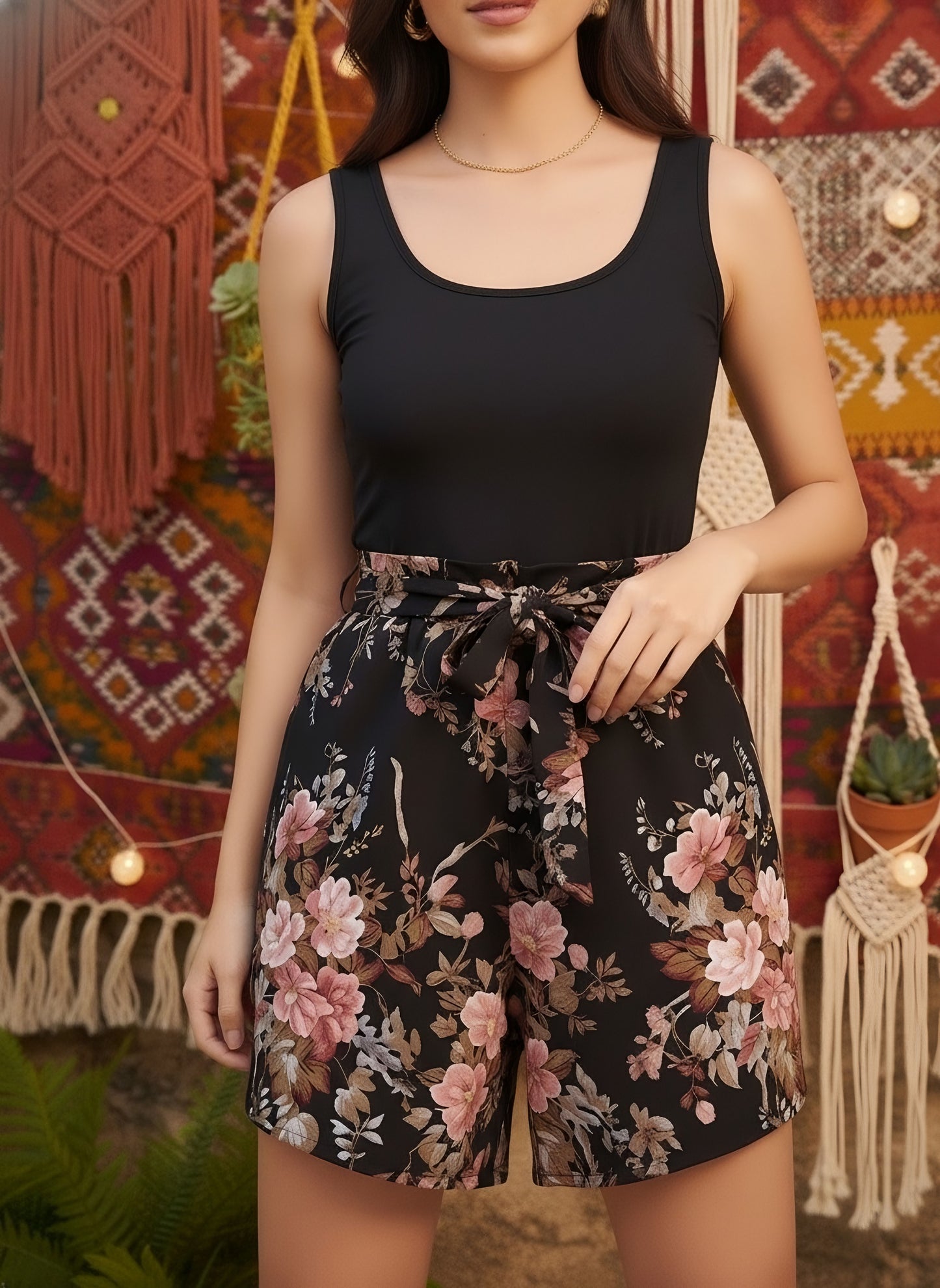 Berrylush Women Black & Pink Floral Printed Square Neck Sleeveless Tie-Up Waist Pleated Mini Jumpsuit