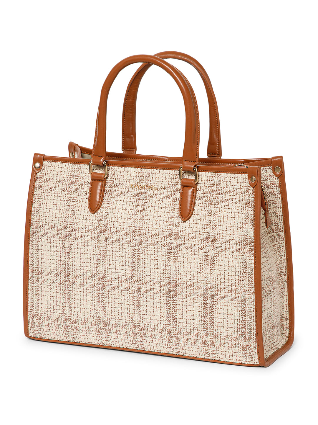 Berrylush Women Cream Checked Structured Two Handles Tote Bag