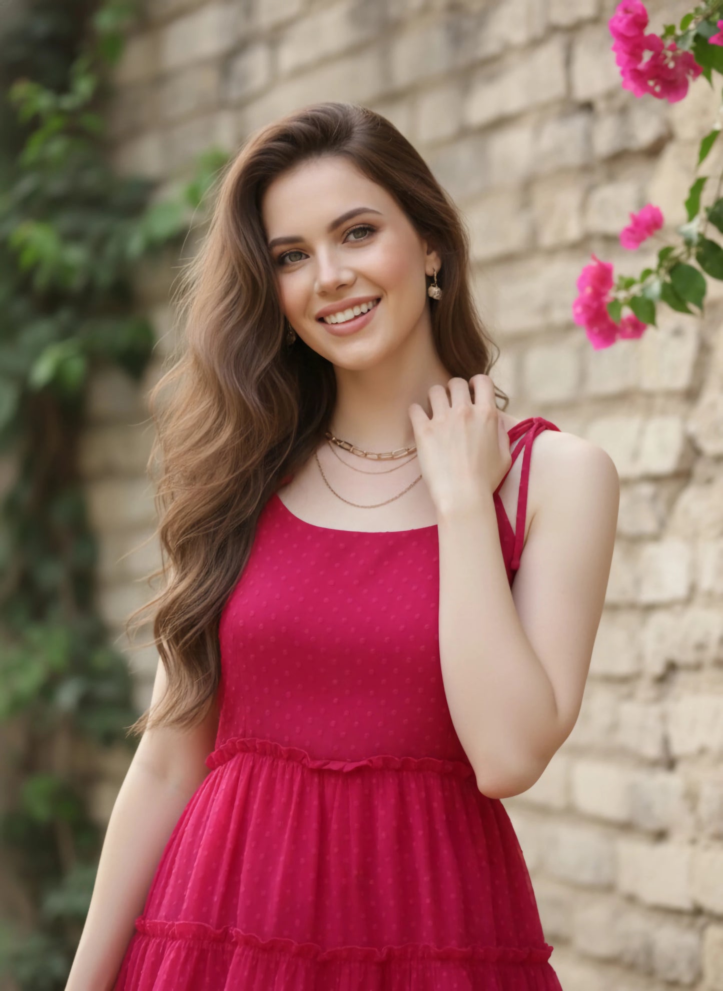 Berrylush Women Solid Pink Dobby Weave Round Neck Tie-Up Strap Georgette Pleated Fit & Flare Mini Dress