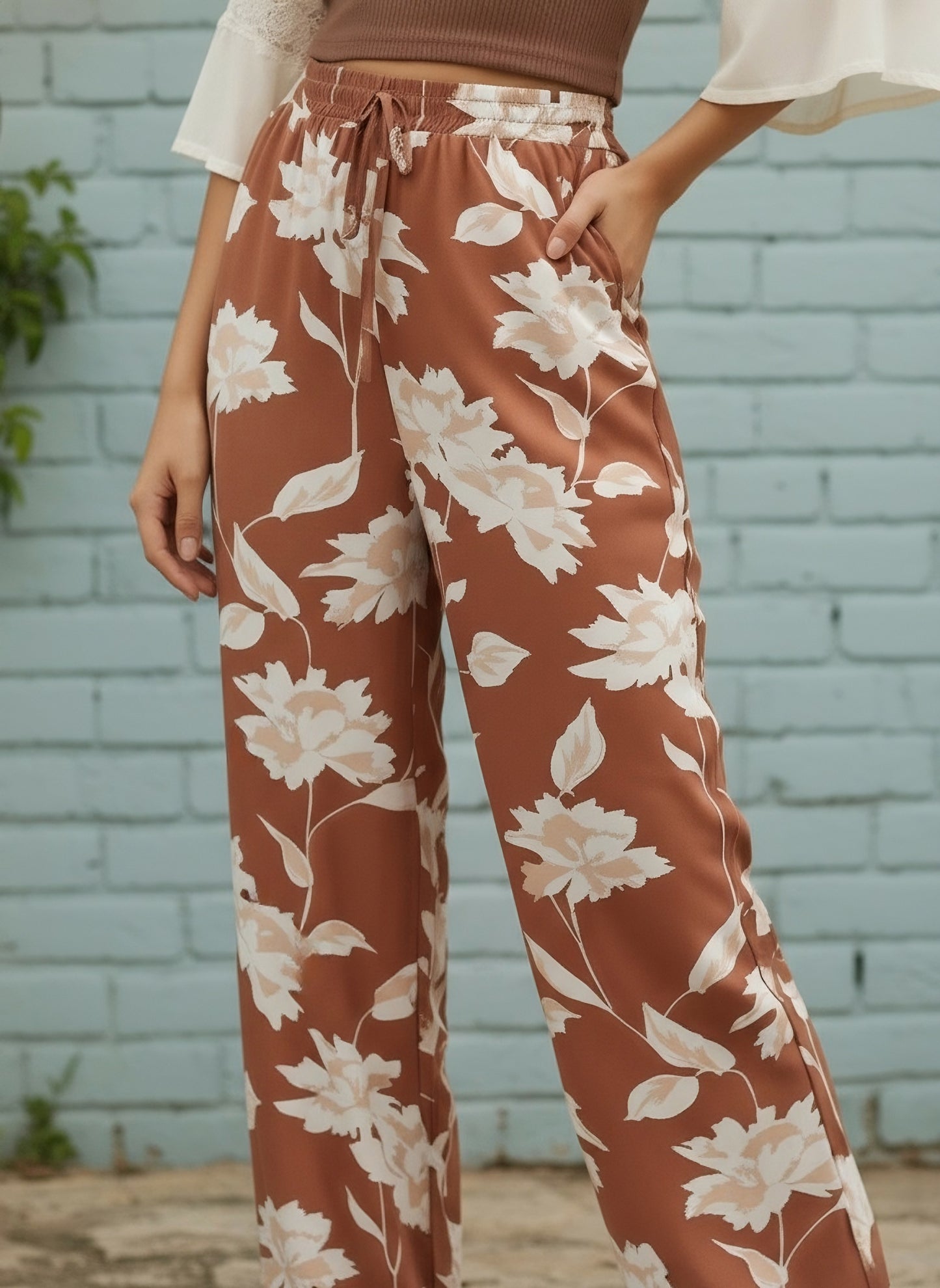 Berrylush Women Brown & White Floral Print Tie-Up Waist High-Rise Wide Leg Trousers
