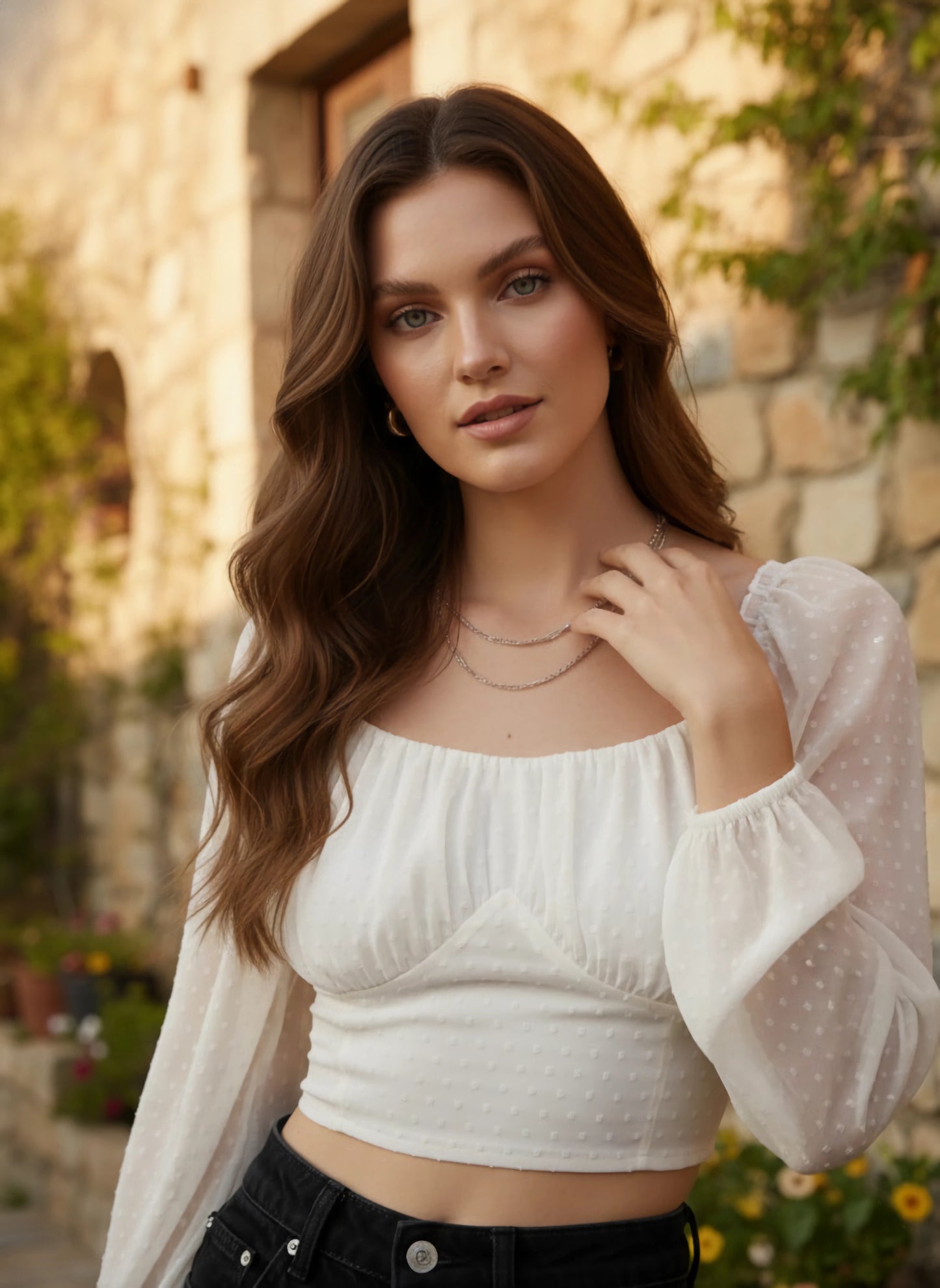 Berrylush Women Solid White Dobby Weave Sweetheart Neck Georgette Semi-Sheer Pleated Empire Crop Top