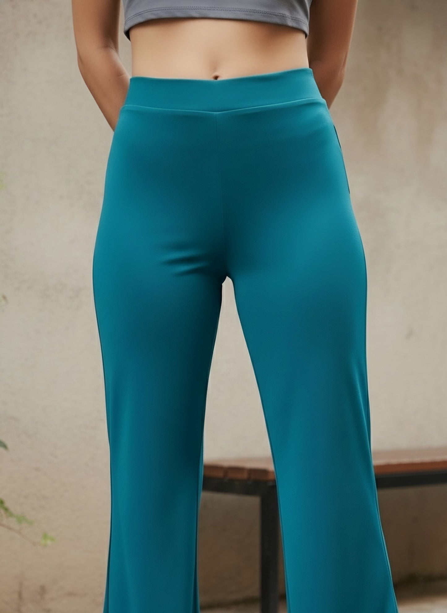 Berrylush Women Solid Blue High-Rise Waist Slip-On Knitted Regular Parallel Trousers