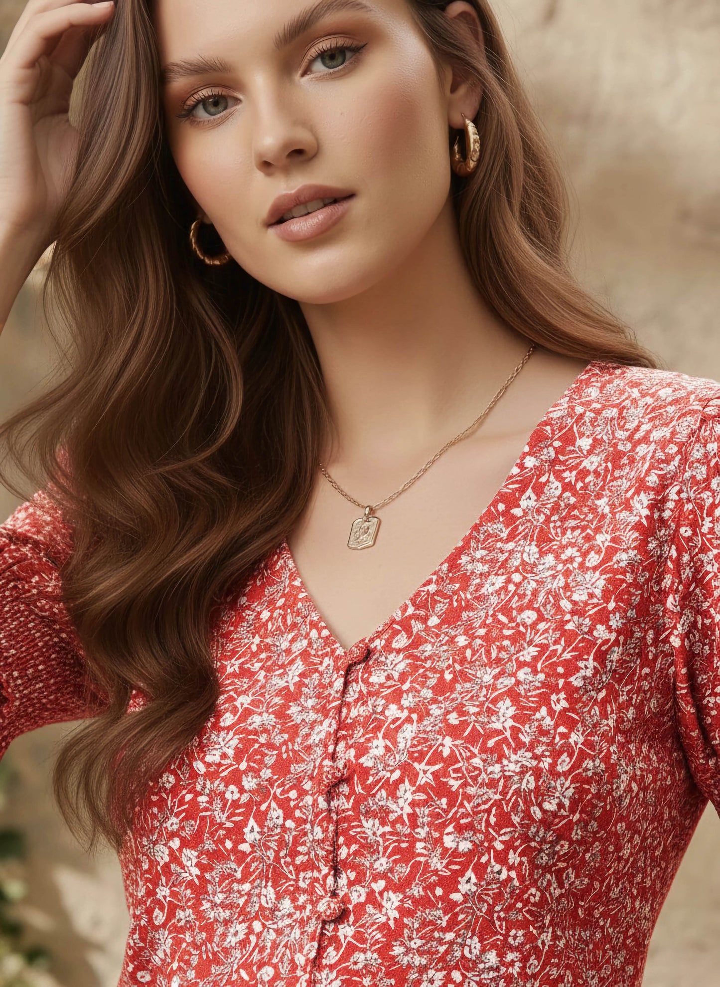 Berrylush Women Red & White Ditsy Floral Printed V-Neck Front Button-Up Crepe Smocked Top