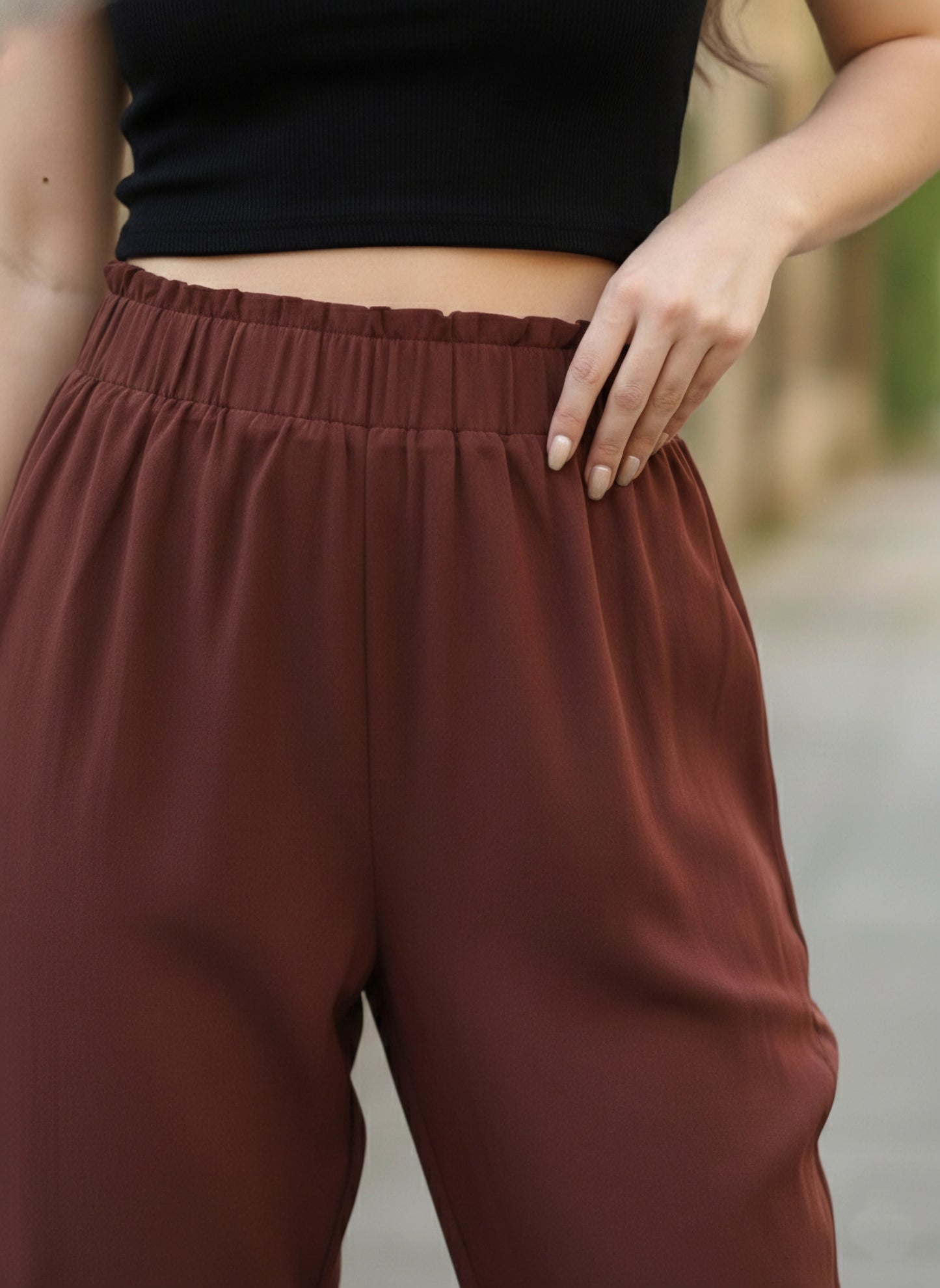 Berrylush Women Solid Maroon Elastic Waist High-Rise Wide Leg Flared Trousers