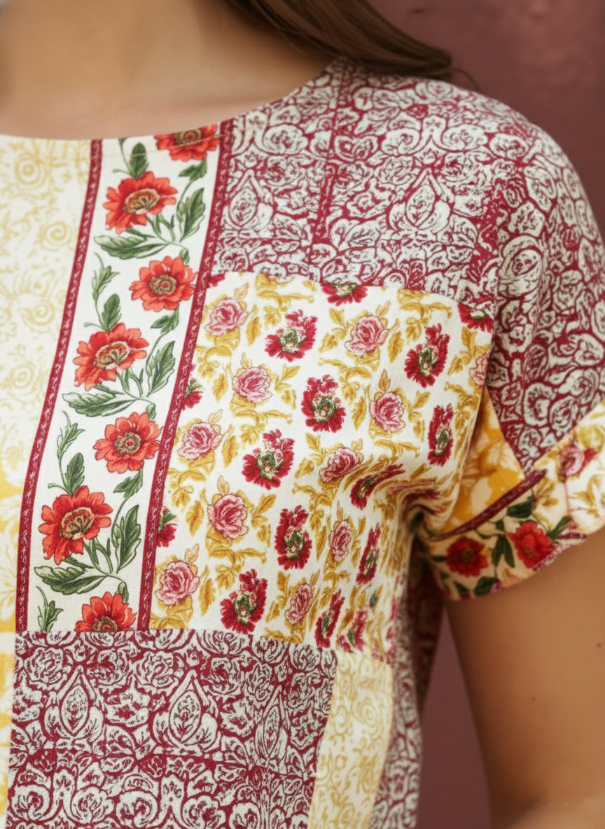 Berrylush Women Red & Yellow Floral Printed Round Neck Short Sleeves Slip-On Straight Hem Regular Top