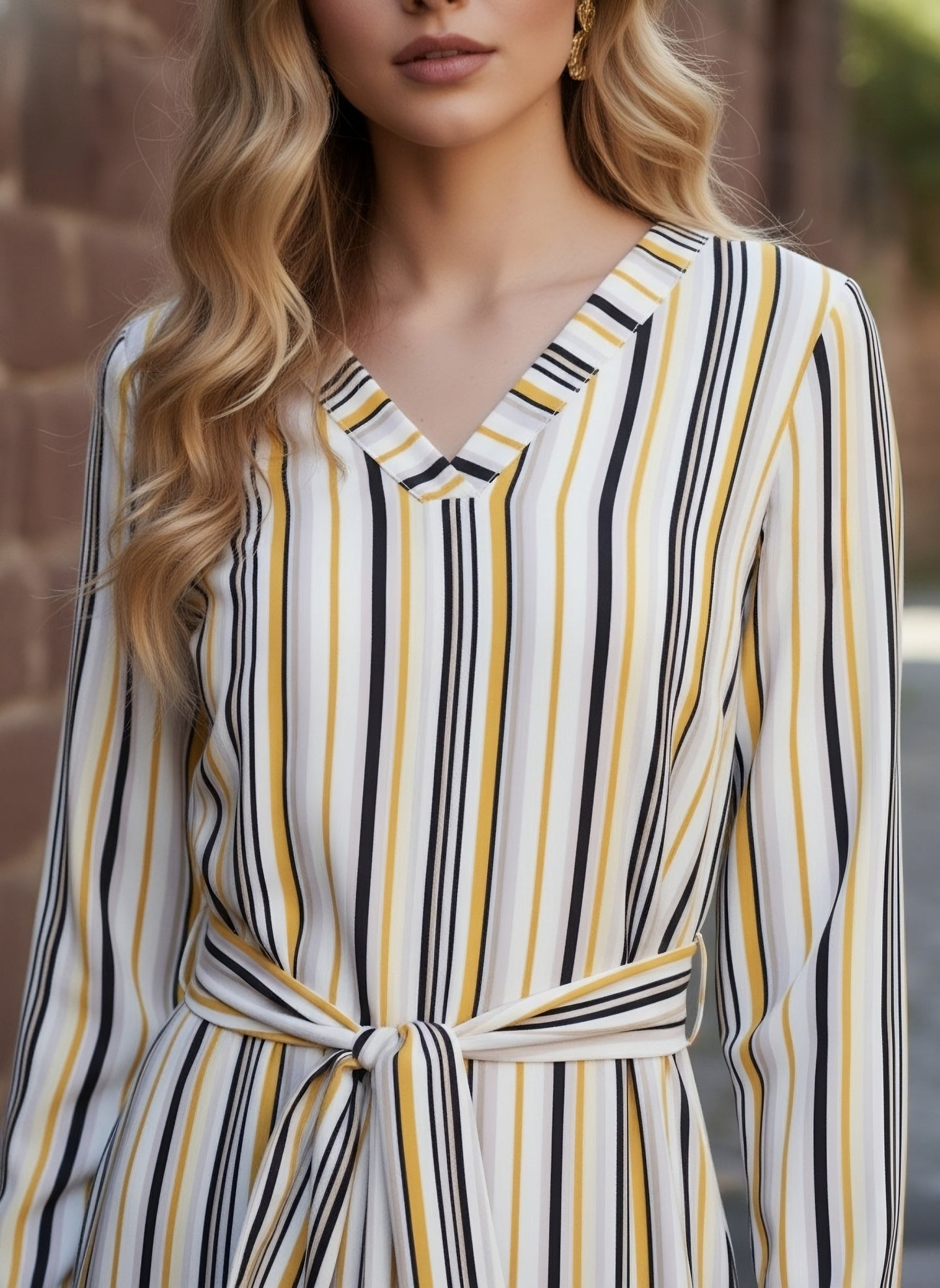 Berrylush Women Multicolour Striped Pattern V-Neck Waist Tie-Up Maxi Dress