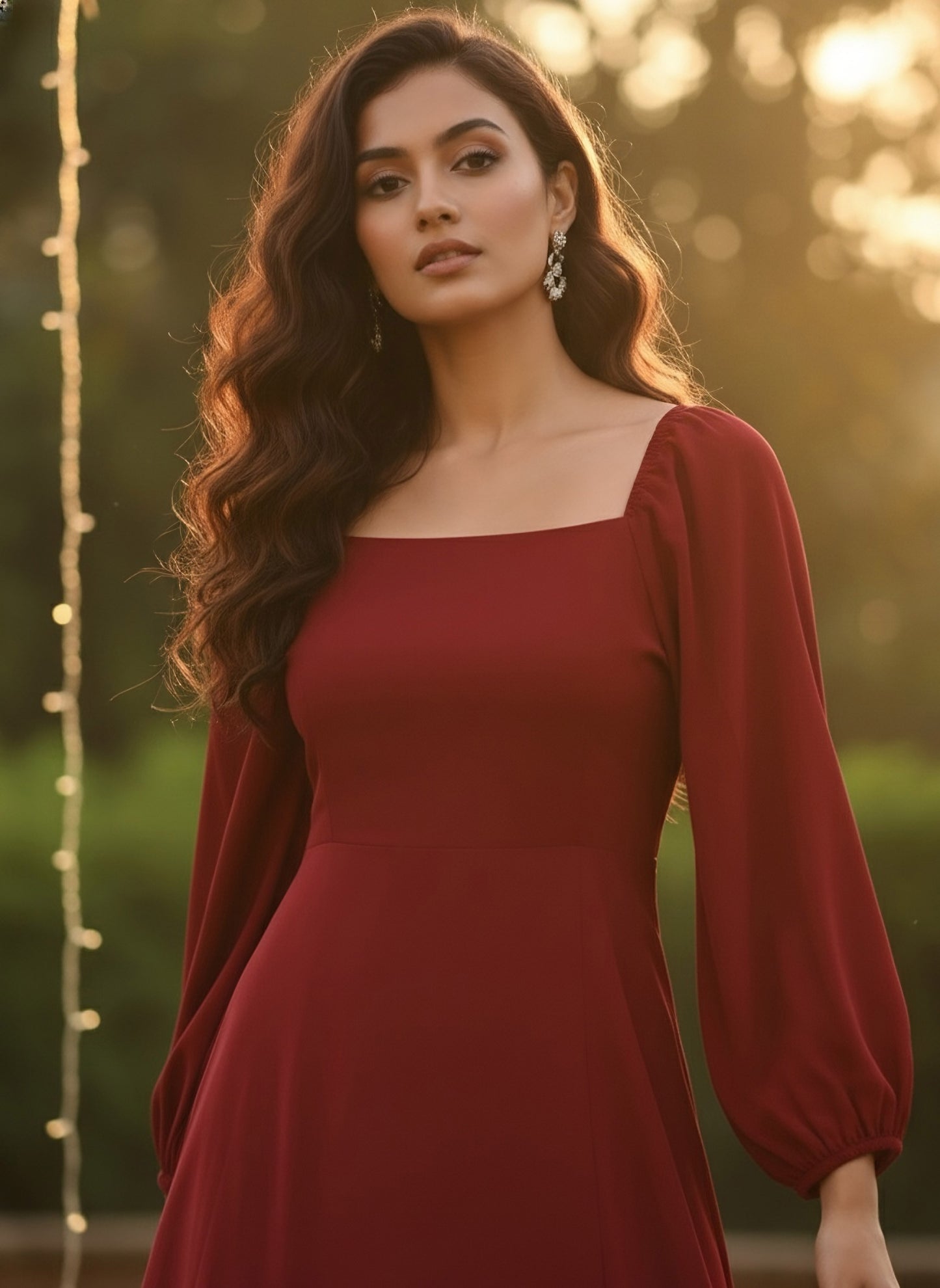 Berrylush Women Solid Red Puffed Sleeve Maxi Dress