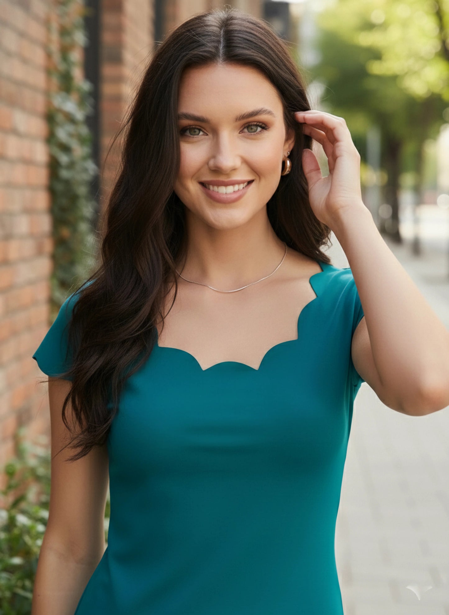 Solid Teal Round Neck Scalloped Edge Knitted Regular Top