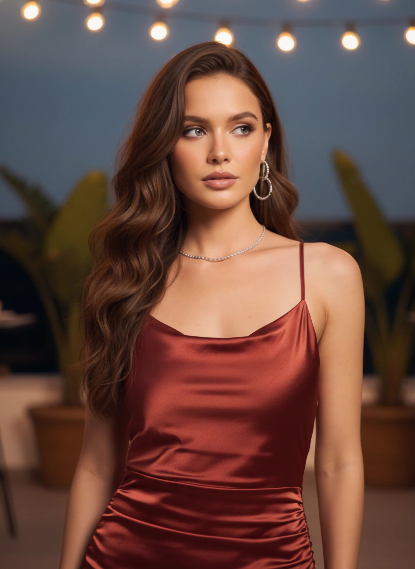 Berrylush Women Solid Brown Round Neck Sleeveless Tie-Up Satin Straight Hem Ruched Bodycon Midi Dress