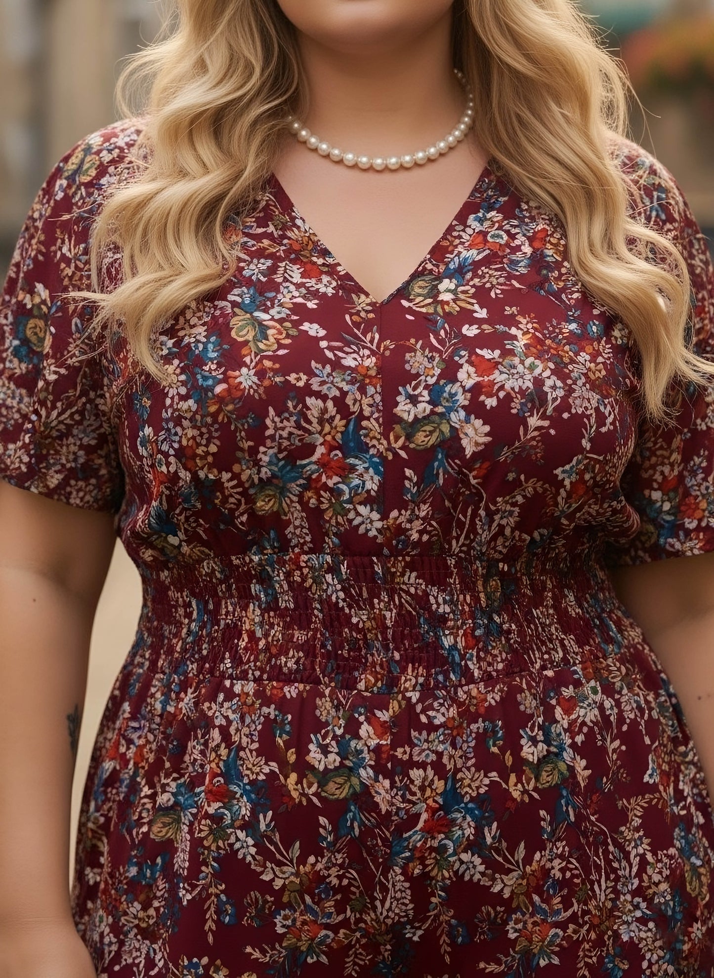 Berrylush Curve Women Maroon & Blue Floral Printed V-Neck Back Keyhole Smocked Maxi Jumpsuit