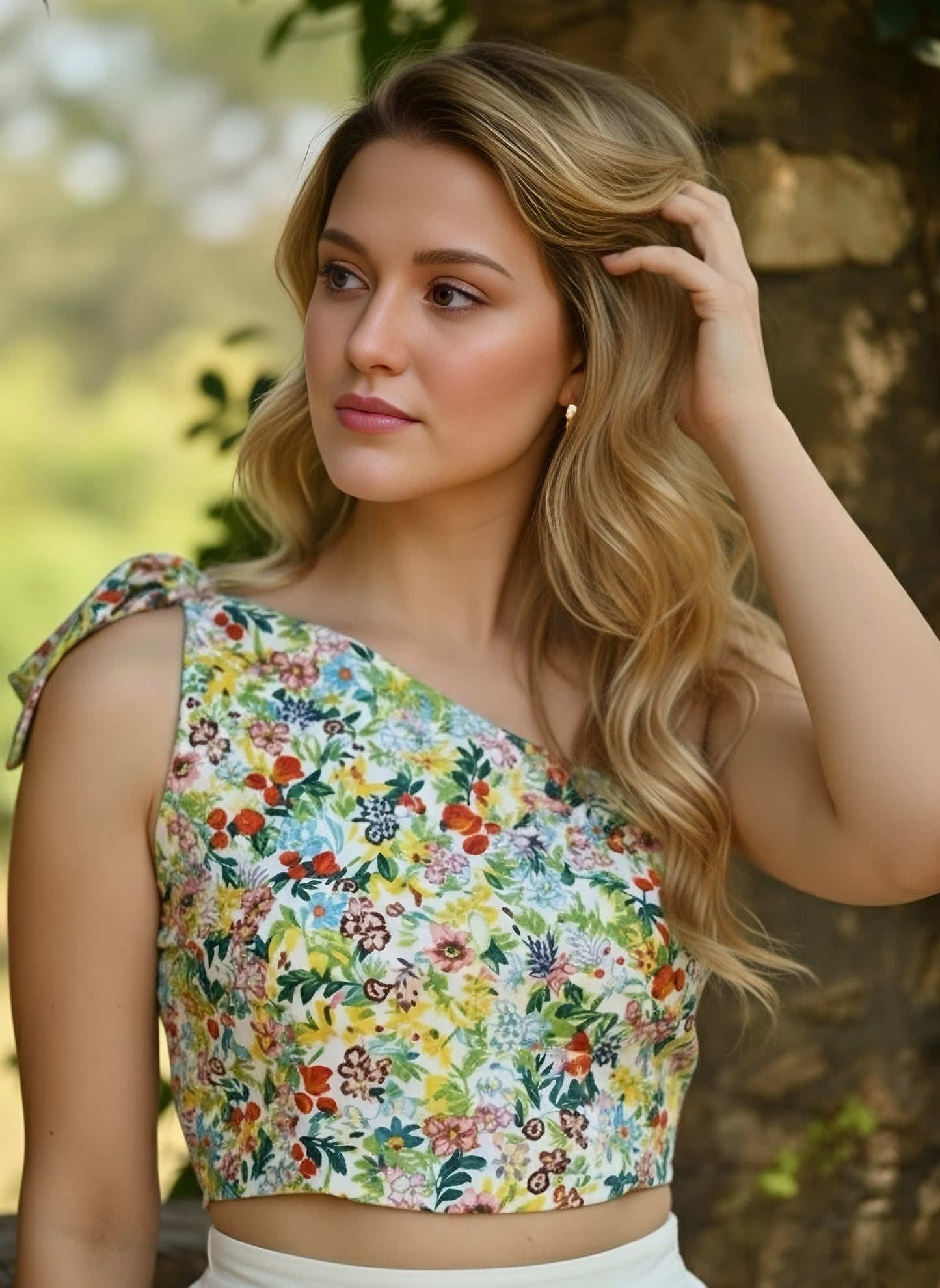 Berrylush Women White & Multicolour Floral Printed One-Shoulder Neck Tie-Up Strap Cropped Top