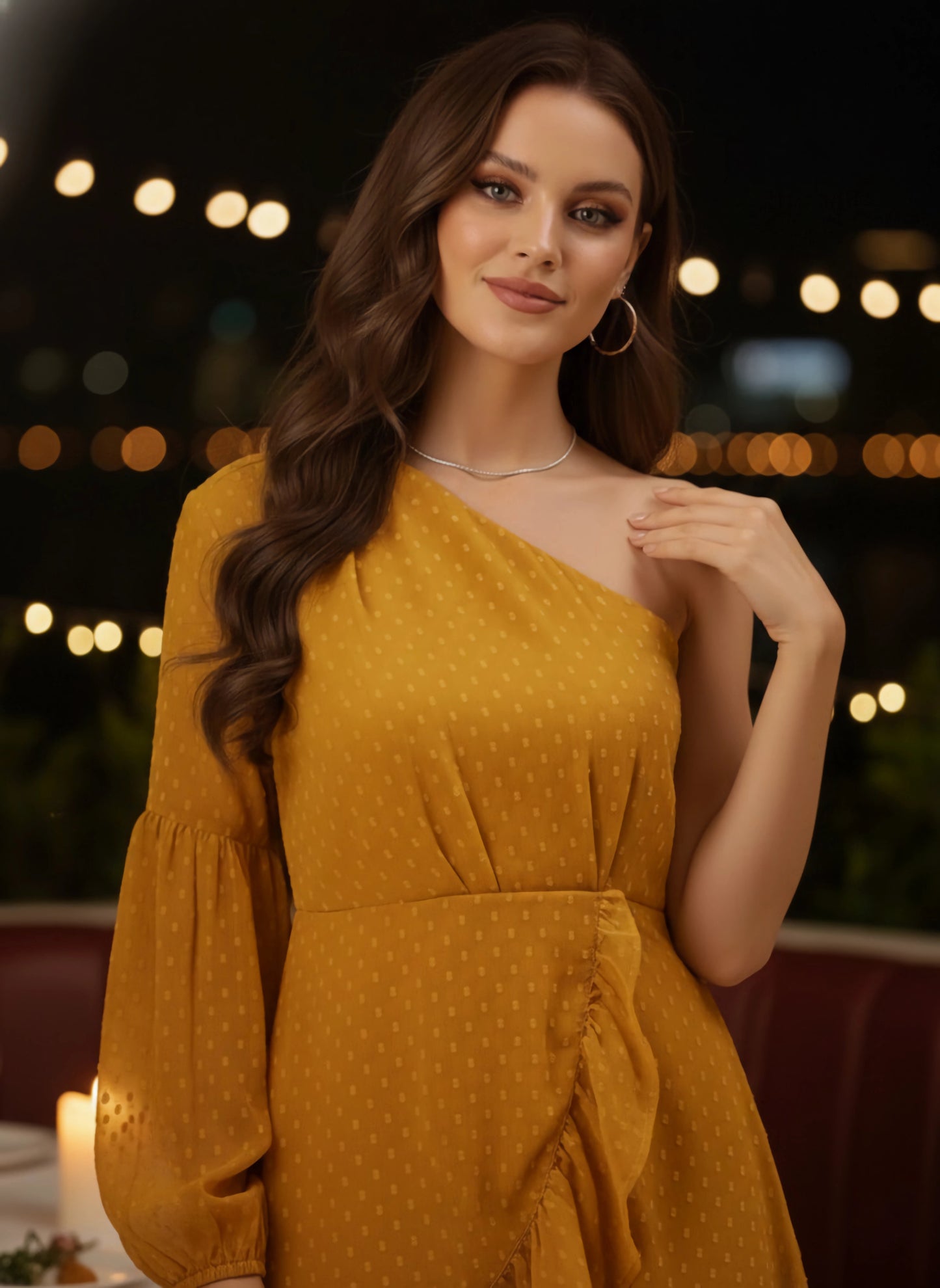 Berrylush Women Mustard Dotted One-Shoulder Fit & Flare Mini Dress